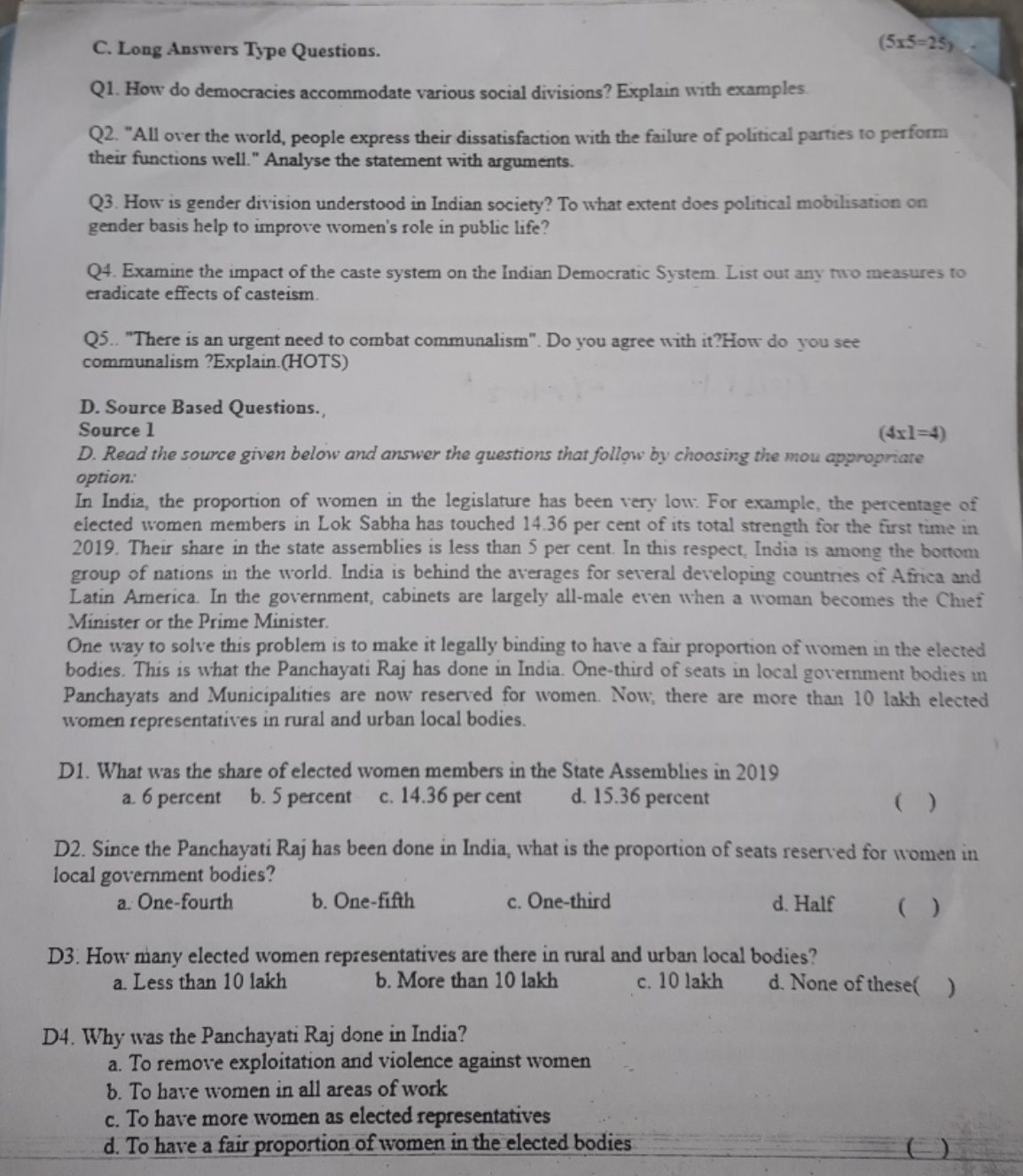 C. Long Answers Type Questions.
(5×5=25)
Q1. How do democracies accomm