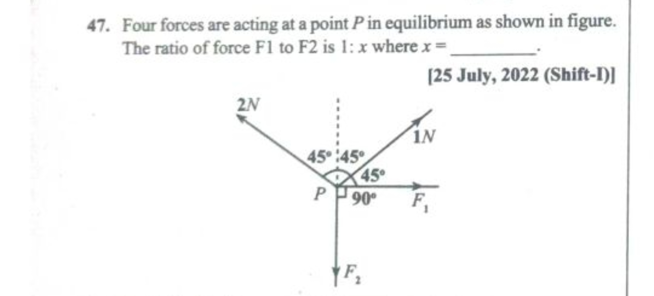 47. Four forces are acting at a point P in equilibrium as shown in fig