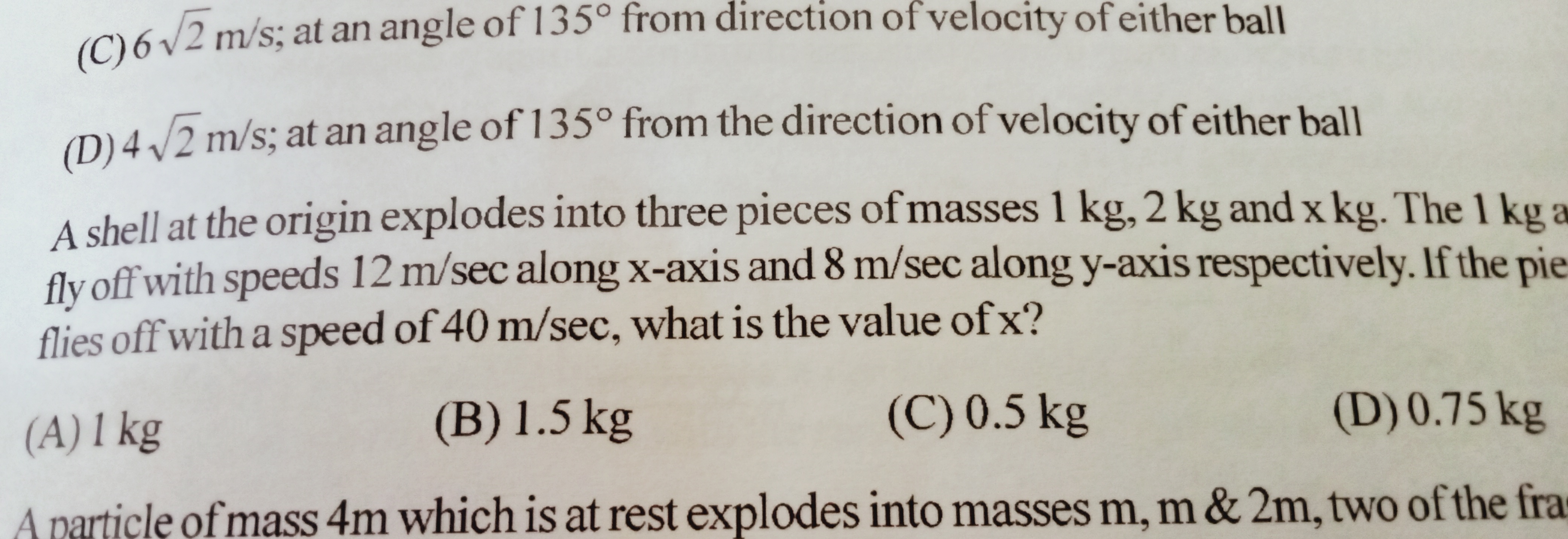 (C)6√2 m/s; at an angle of 135° from direction of velocity of either b