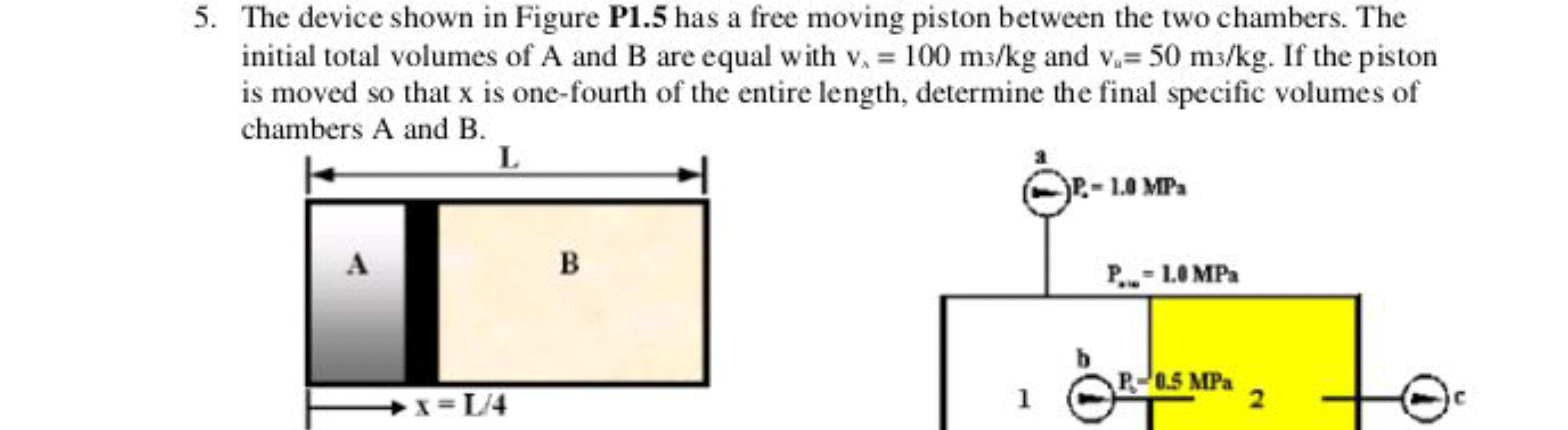 5. The device shown in Figure P1.5 has a free moving piston between th