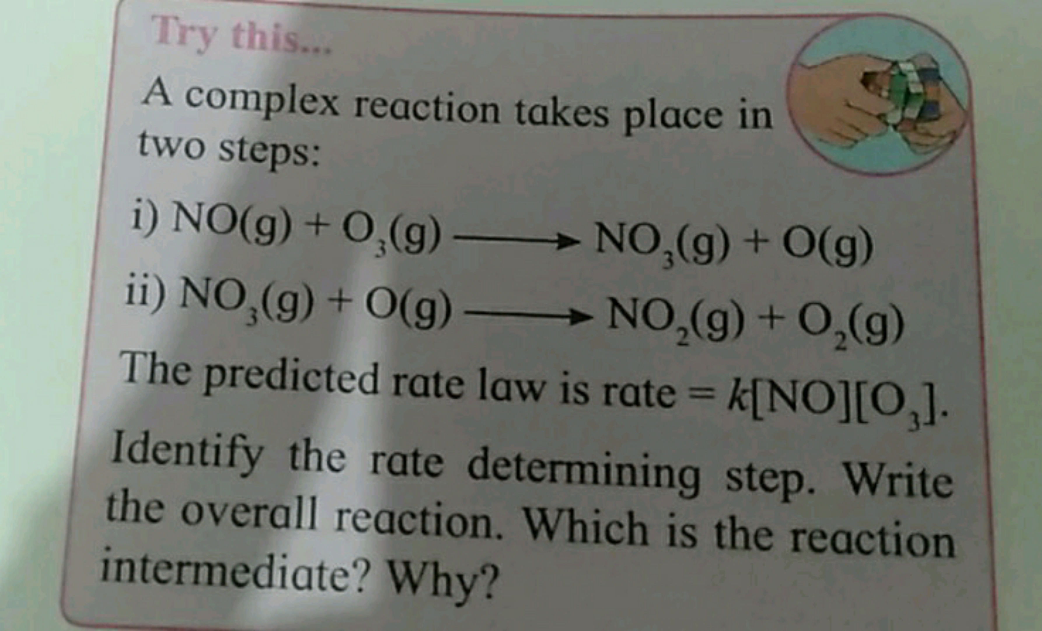 Try this...
A complex reaction takes place in two steps:
i) NO(g)+O3​(