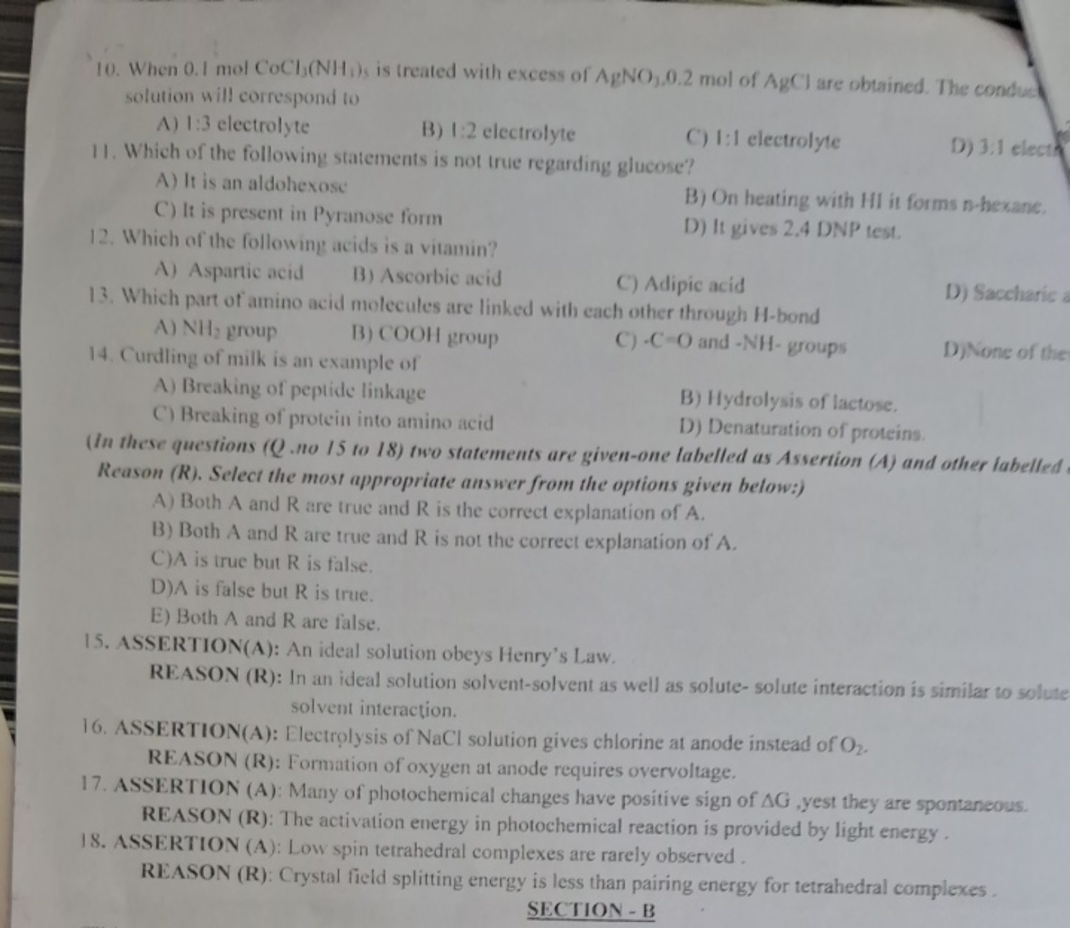 10. When 0.1 molCoCl3​(NH1​) is (reated with excess of AgNO3​,0.2 mol 