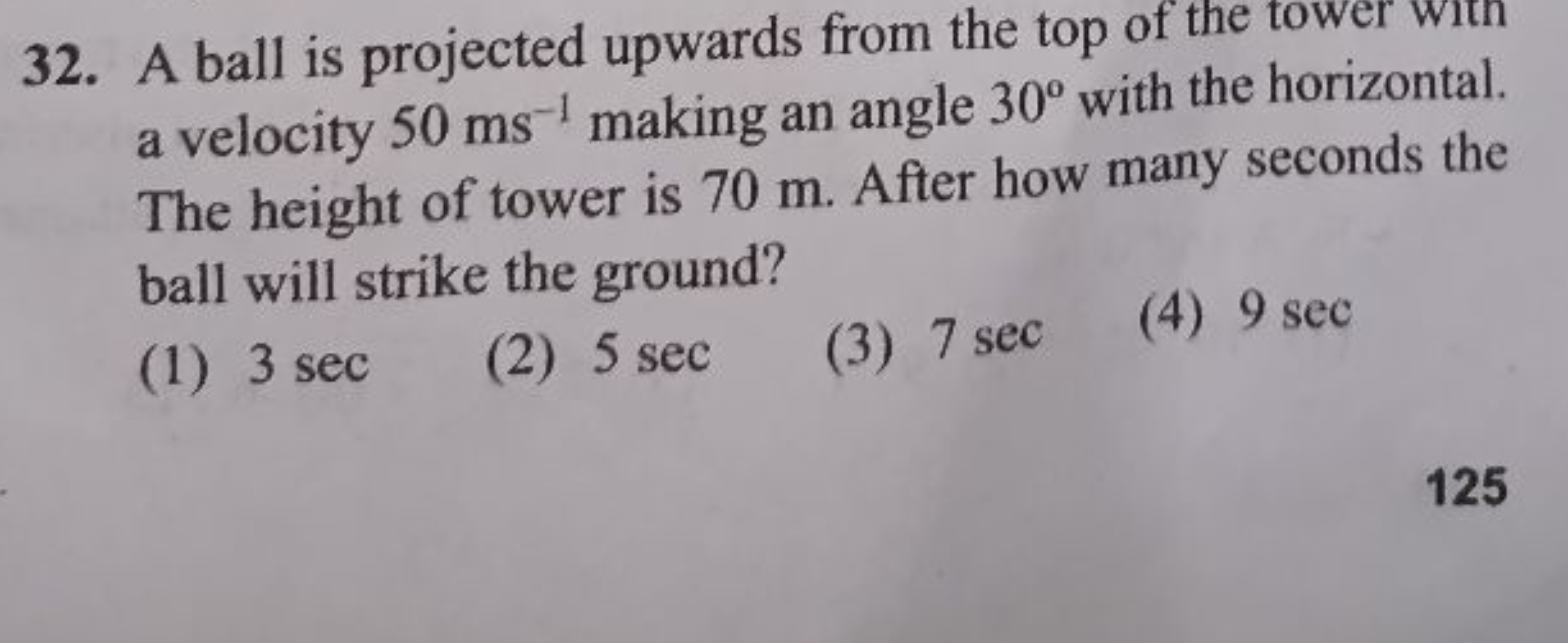 32. A ball is projected upwards from the top of the tower win a veloci