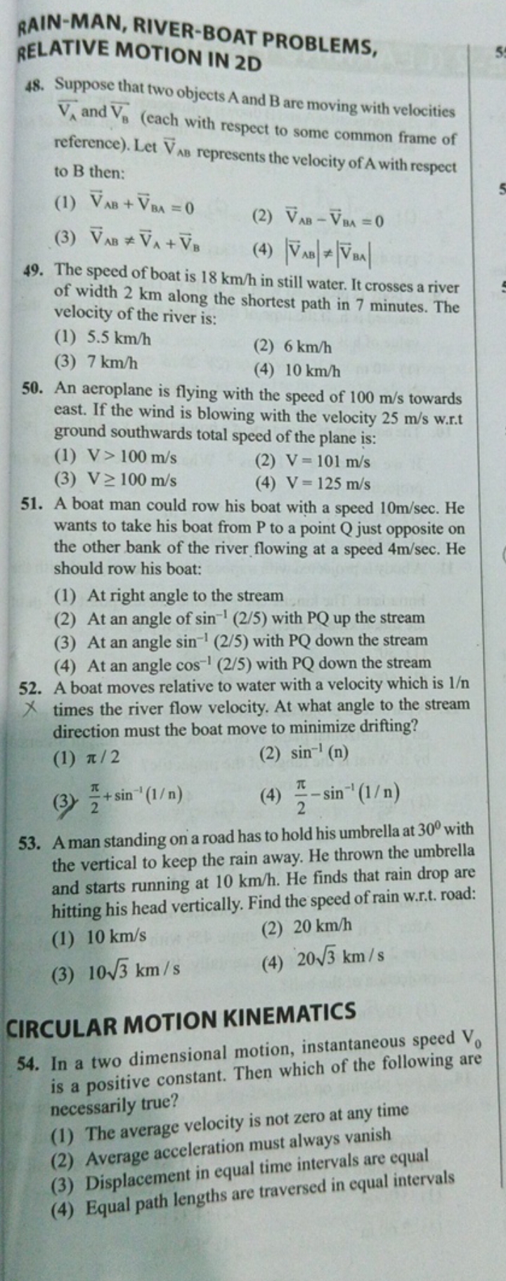 RAIN-MAN, RIVER-BOAT PROBLEMS, RELATIVE MOTION IN 2D
48. Suppose that 