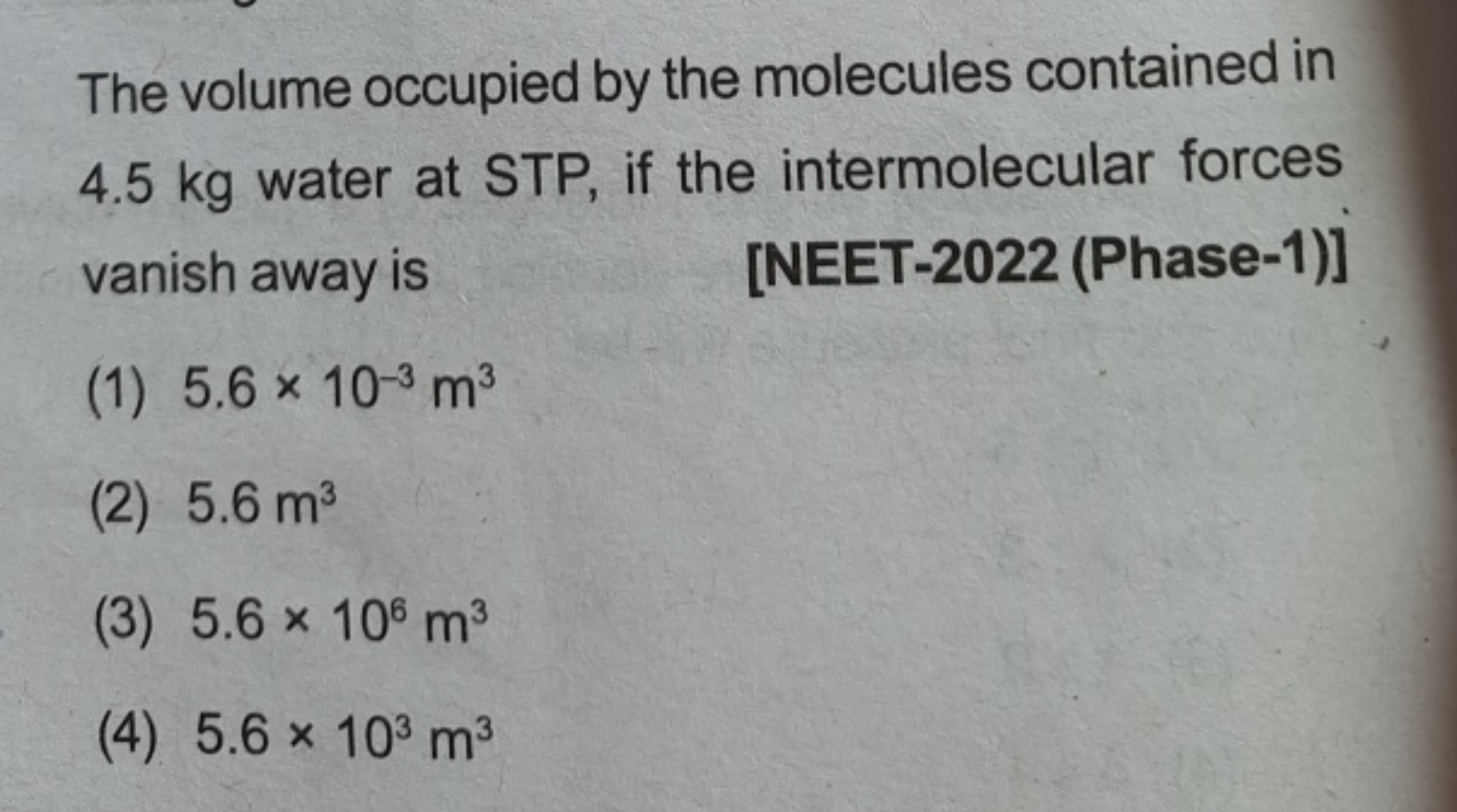 The volume occupied by the molecules contained in 4.5 kg water at STP,