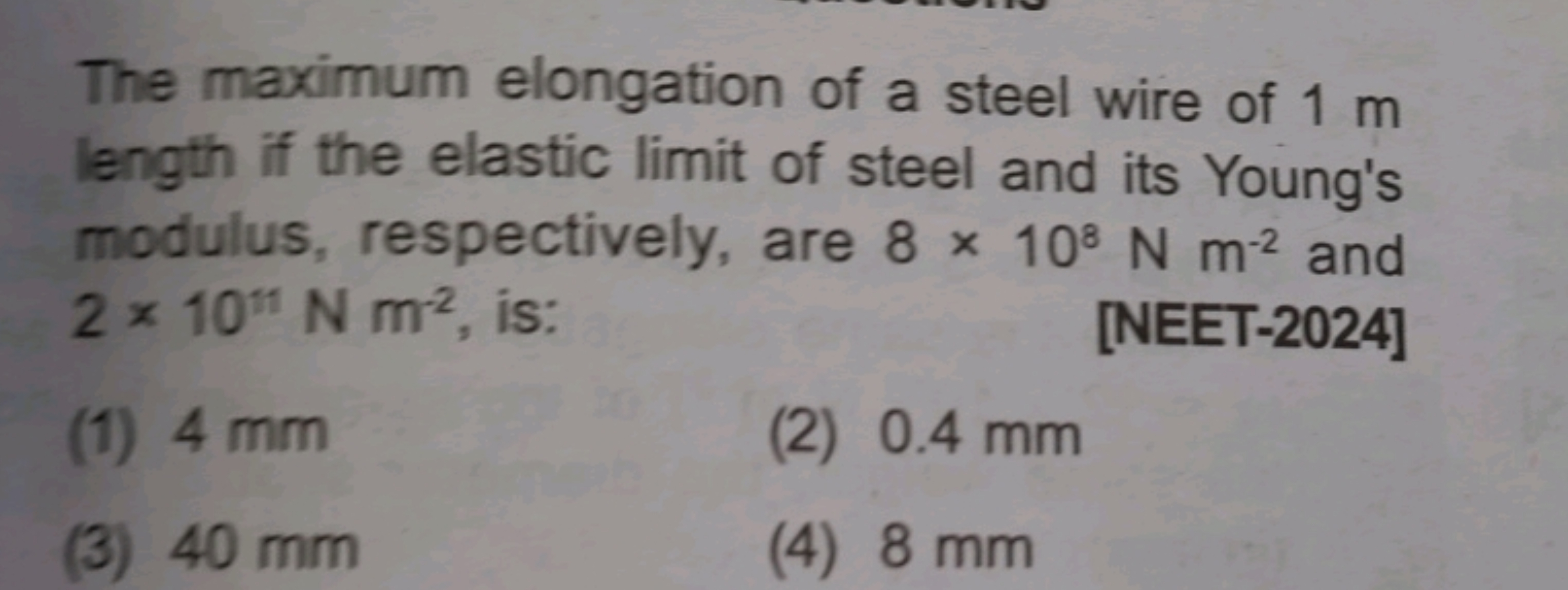 The maximum elongation of a steel wire of 1 m length if the elastic li