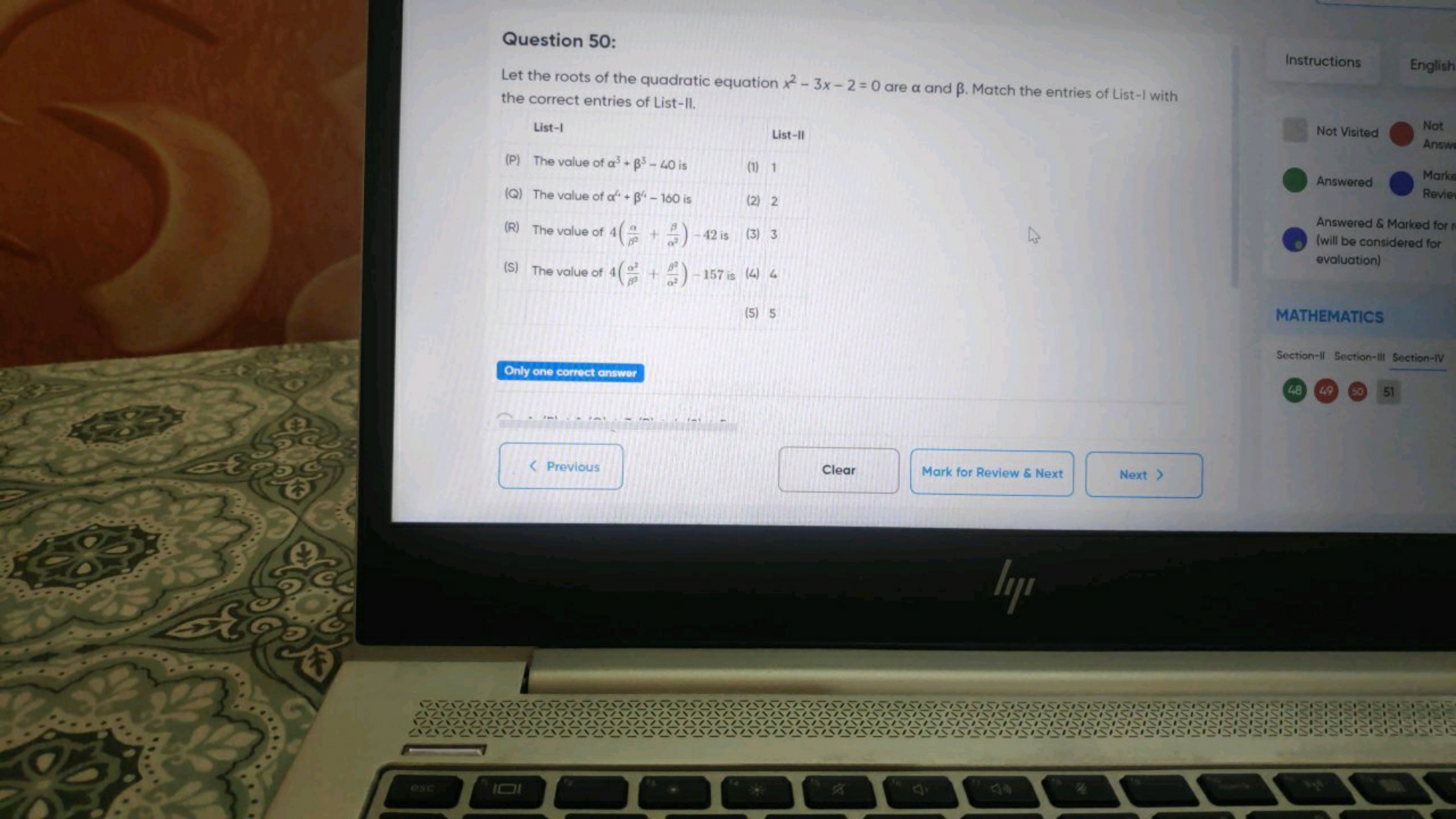 Question 50:
Let the roots of the quadratic equation x2−3x−2=0 are α a