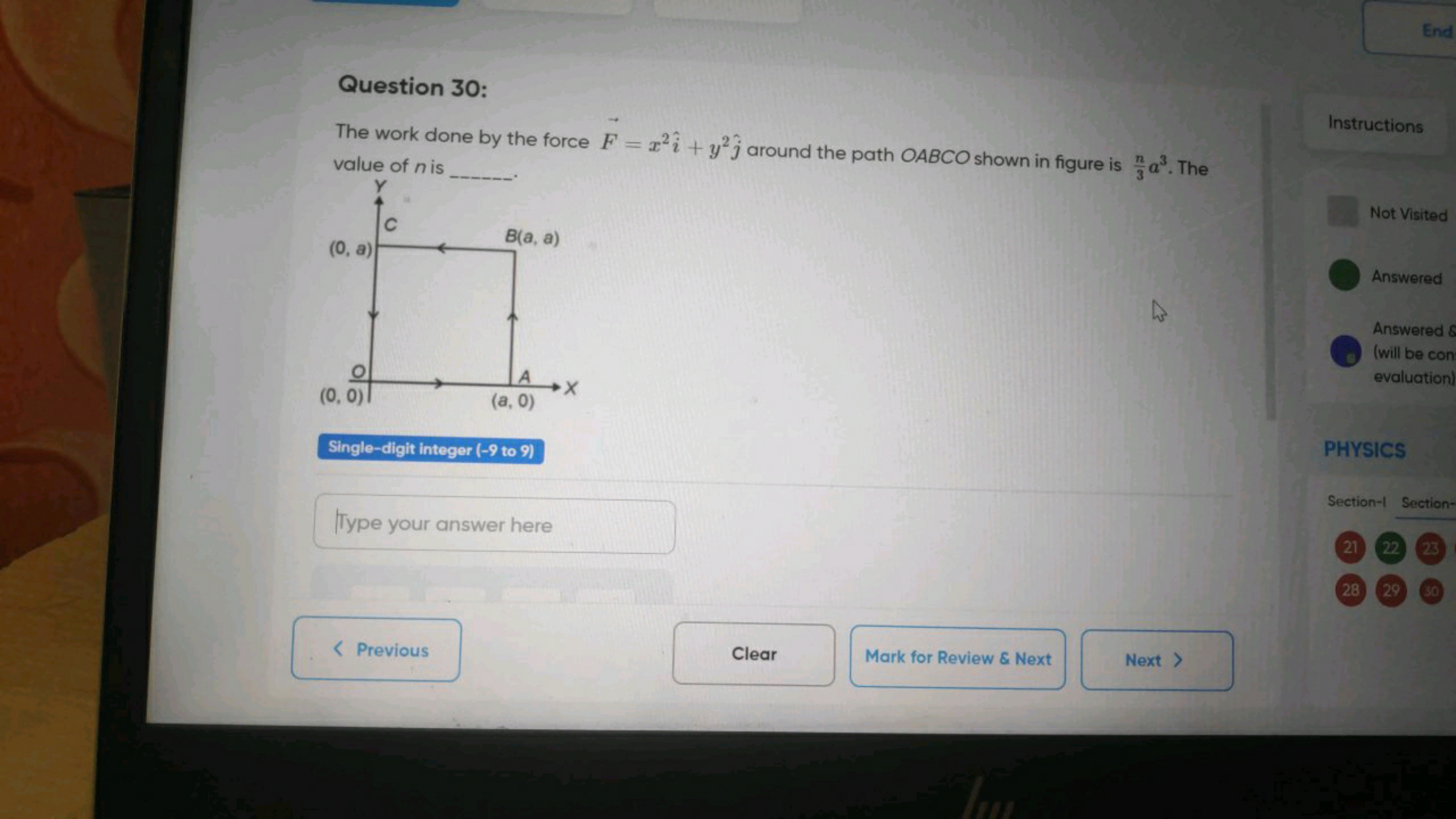 Question 30:
The work done by the force F=x2i^+y2j^​ around the path O