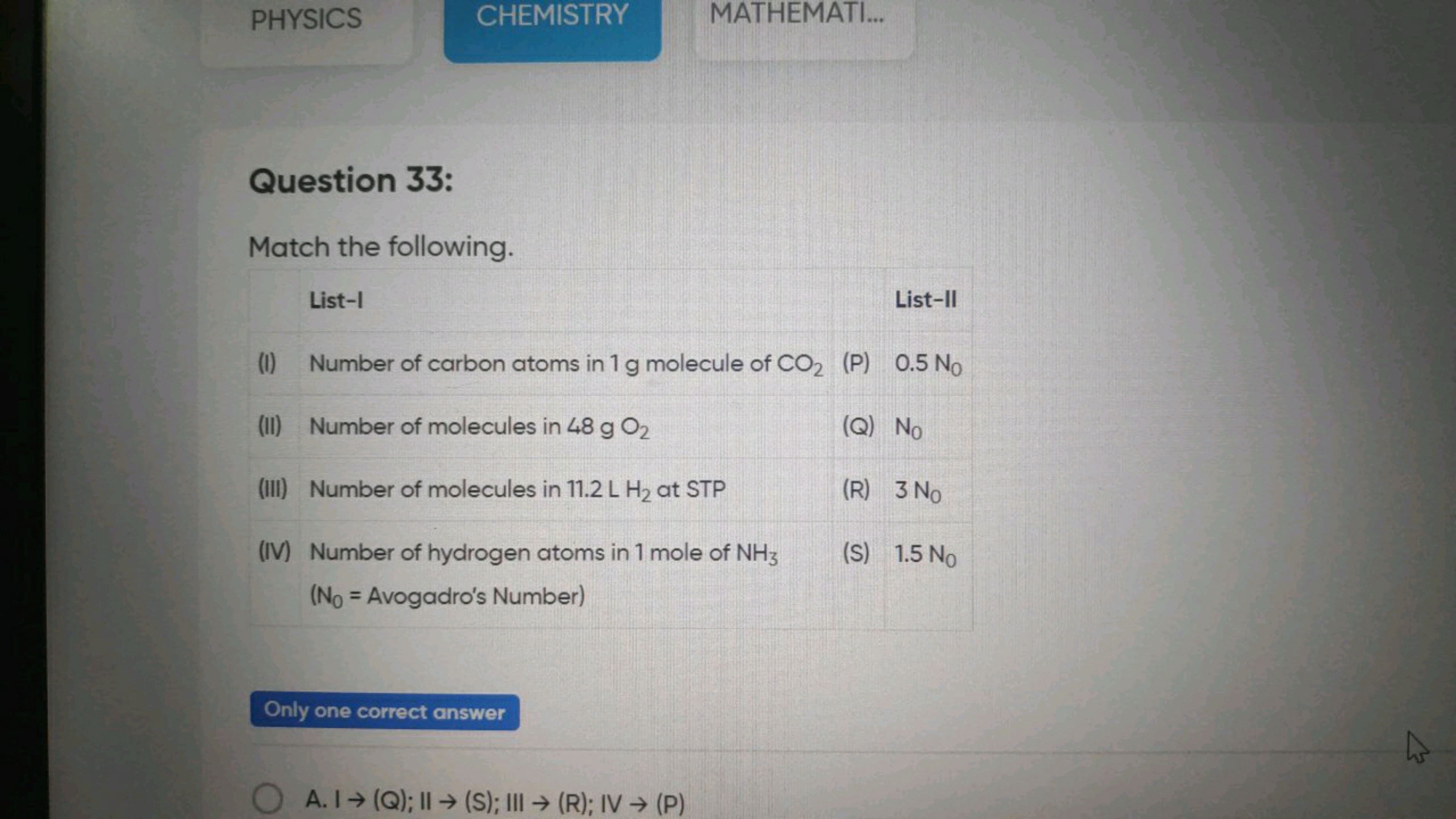 PHYSICS
CHEMISTRY
MATHEMATI...

Question 33:
Match the following.
List