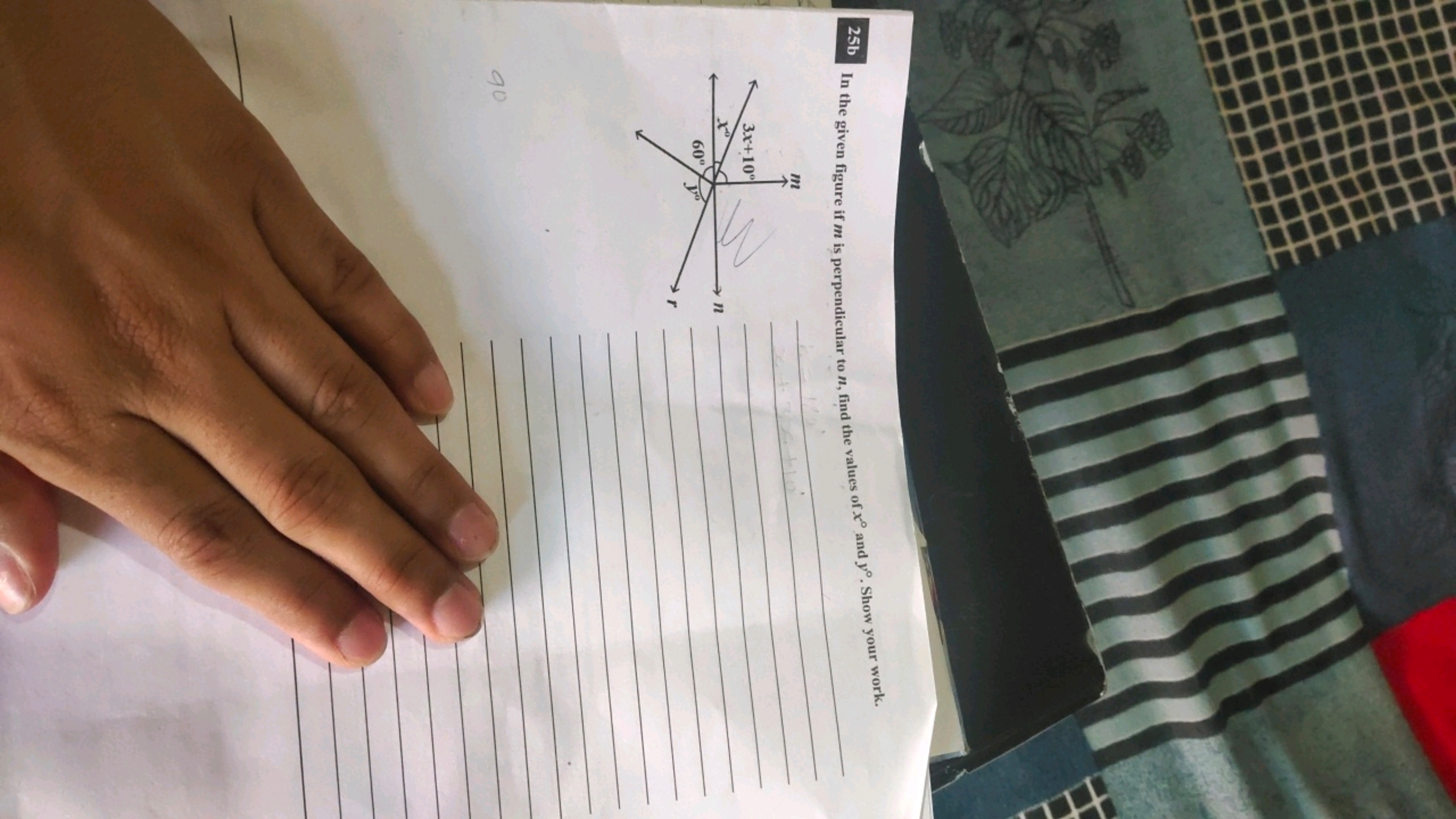 25b In the given figure if m is perpendicular to n, find the values of