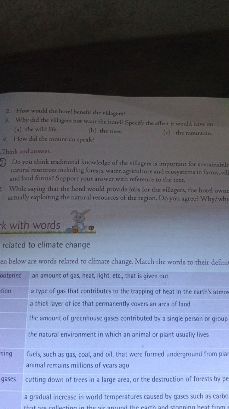 2. How would the hotel benefit the villagers?
3. Why did the villagers