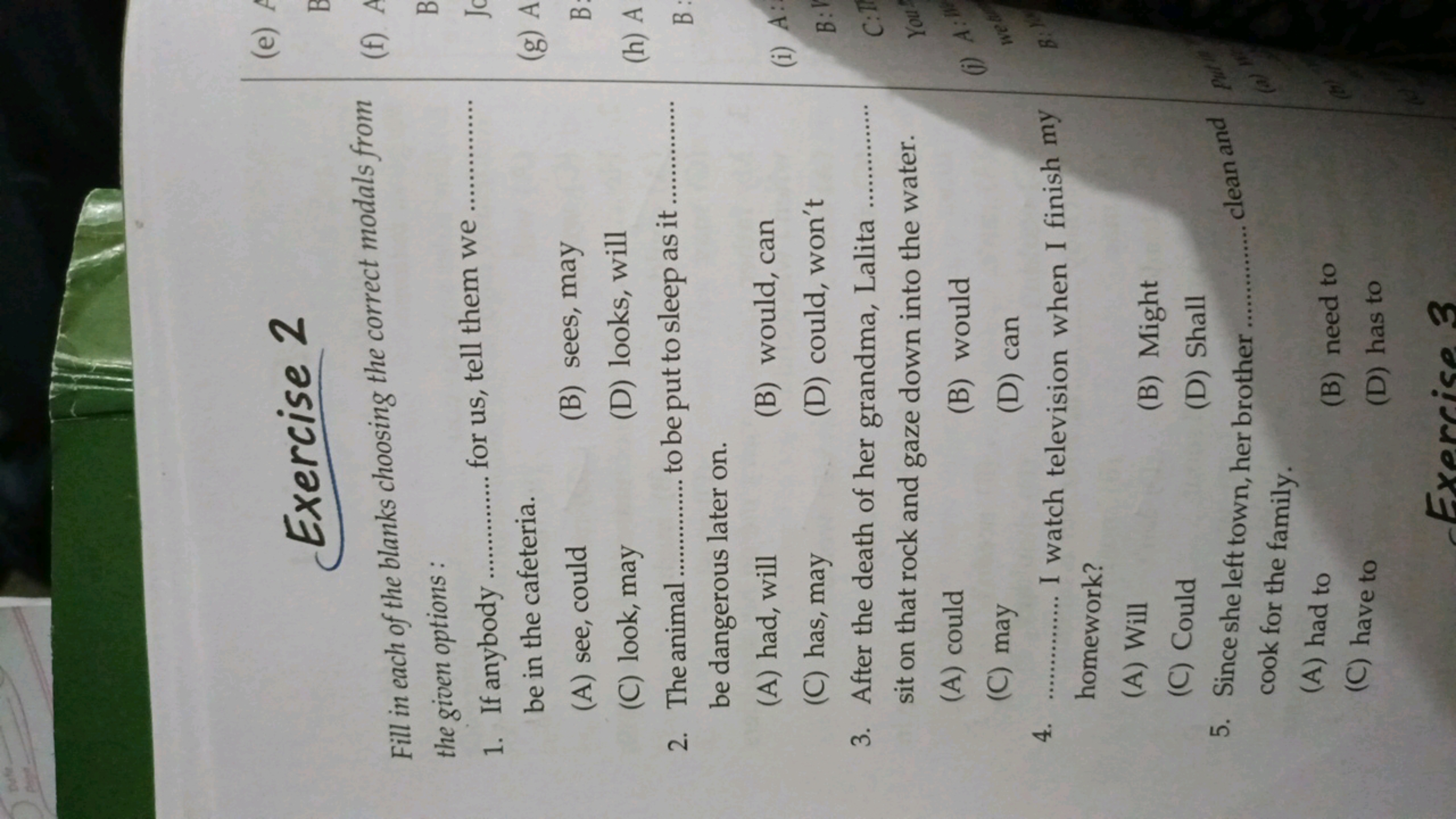 Exercise 2
Fill in each of the blanks choosing the correct modals from