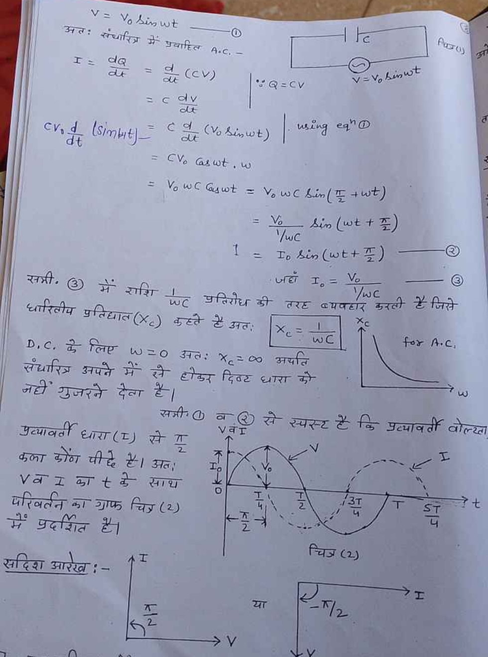 v=v0​sinωt

अतः संधारित्र में प्रवाहित A.C. -
∵Q=CV
I=dtdQ​​=dtd​(cv)=