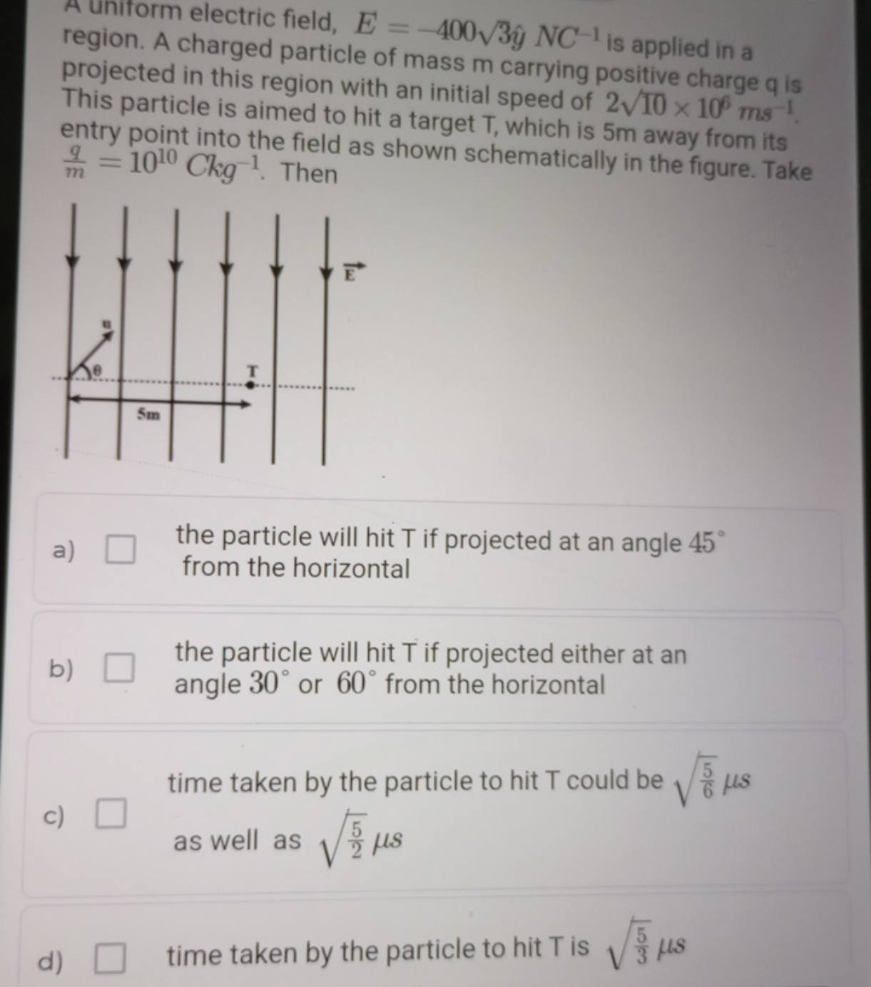 A uniform electric field, E=−4003​y^​NC−1 is applied in a region. A ch