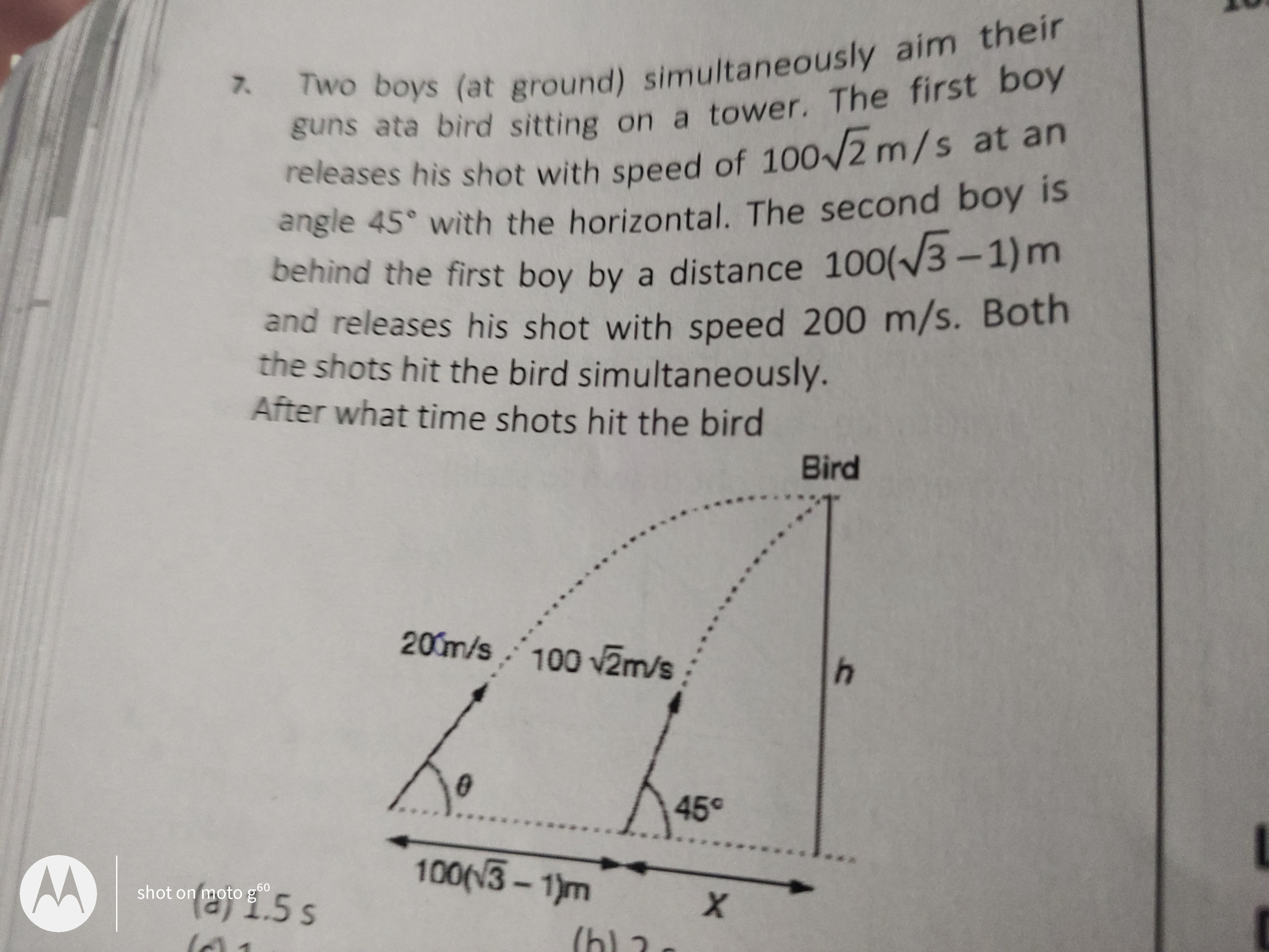 7. Two boys (at ground) simultaneously aim their guns ata bird sitting