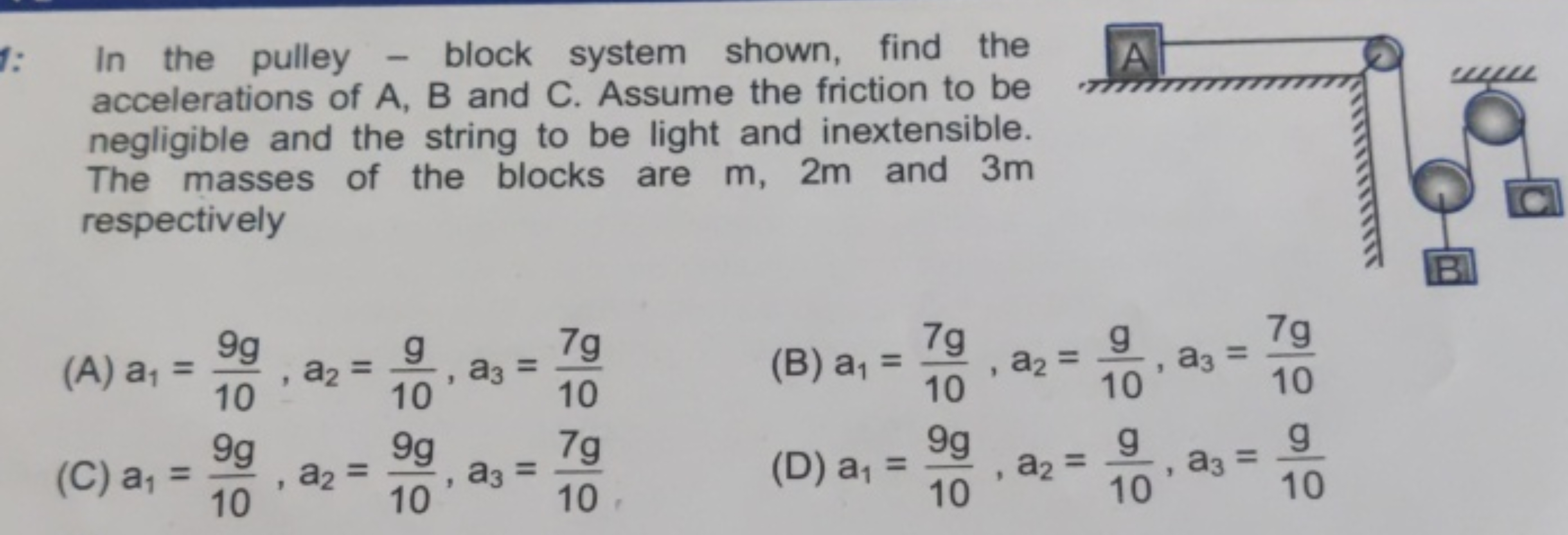 In the pulley - block system shown, find the accelerations of A, B and