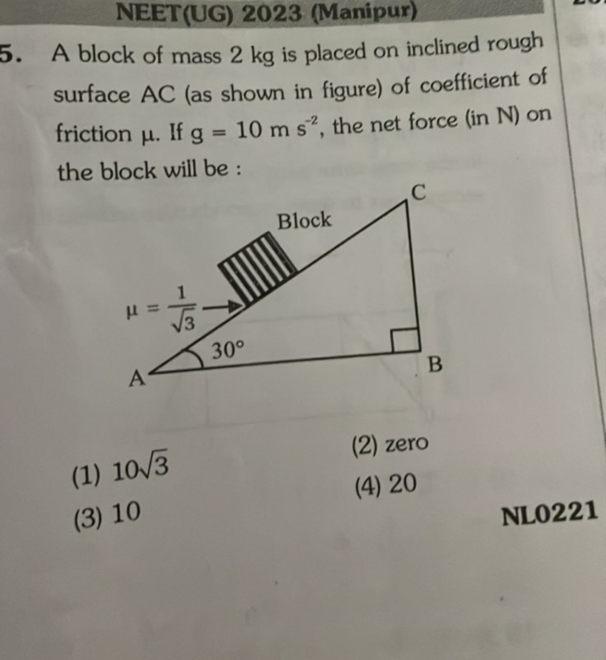 NEET(UG) 2023 (Manipur)
5. A block of mass 2 kg is placed on inclined 