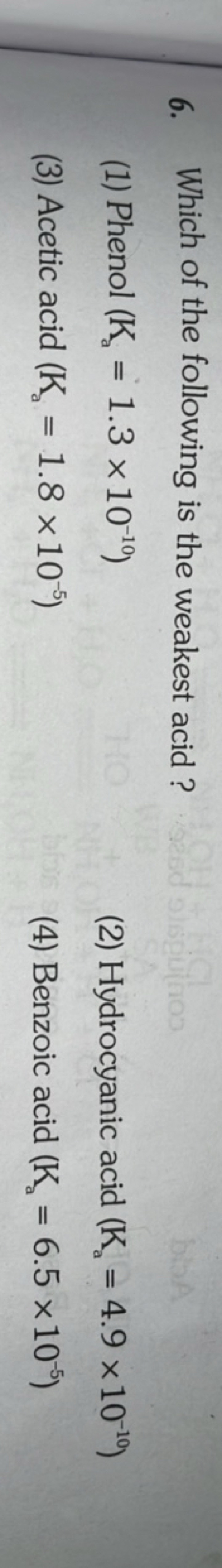 6. Which of the following is the weakest acid ?
(1) Phenol (Ka​=1.3×10