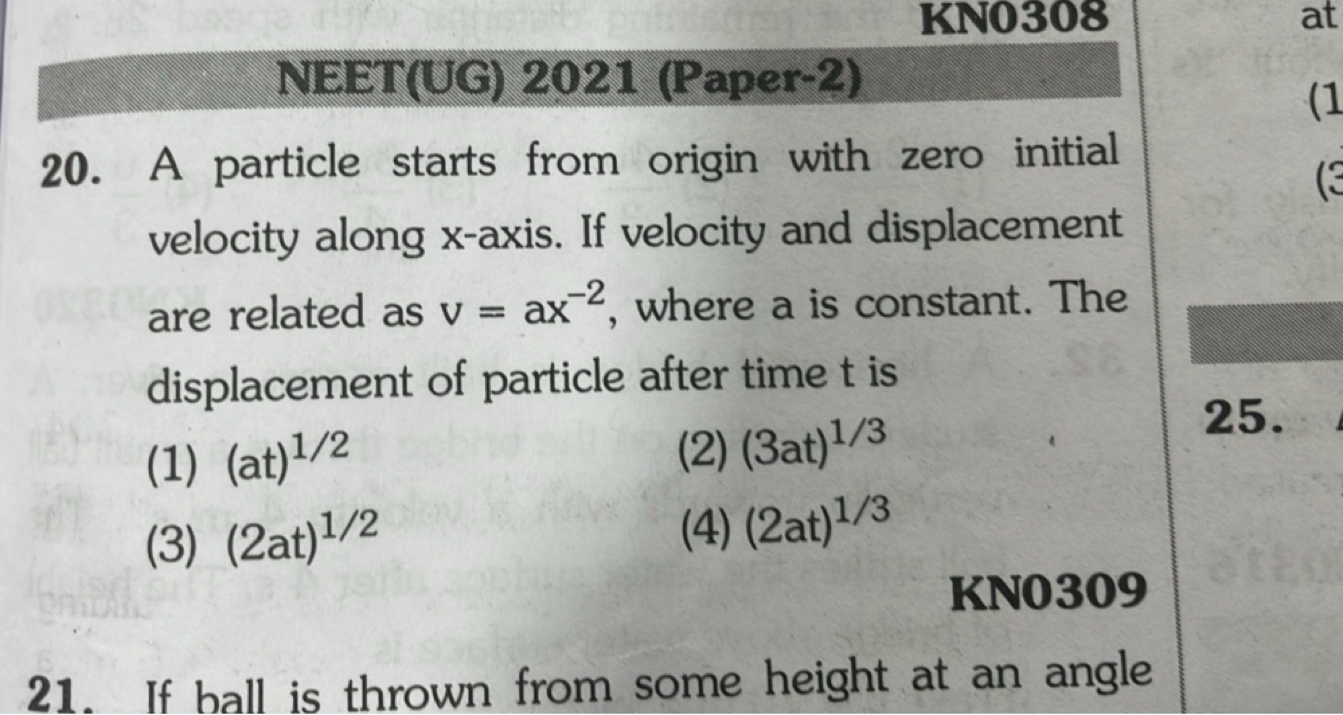 KN0308
NEET(UG) 2021 (Paper-2)
20. A particle starts from origin with 