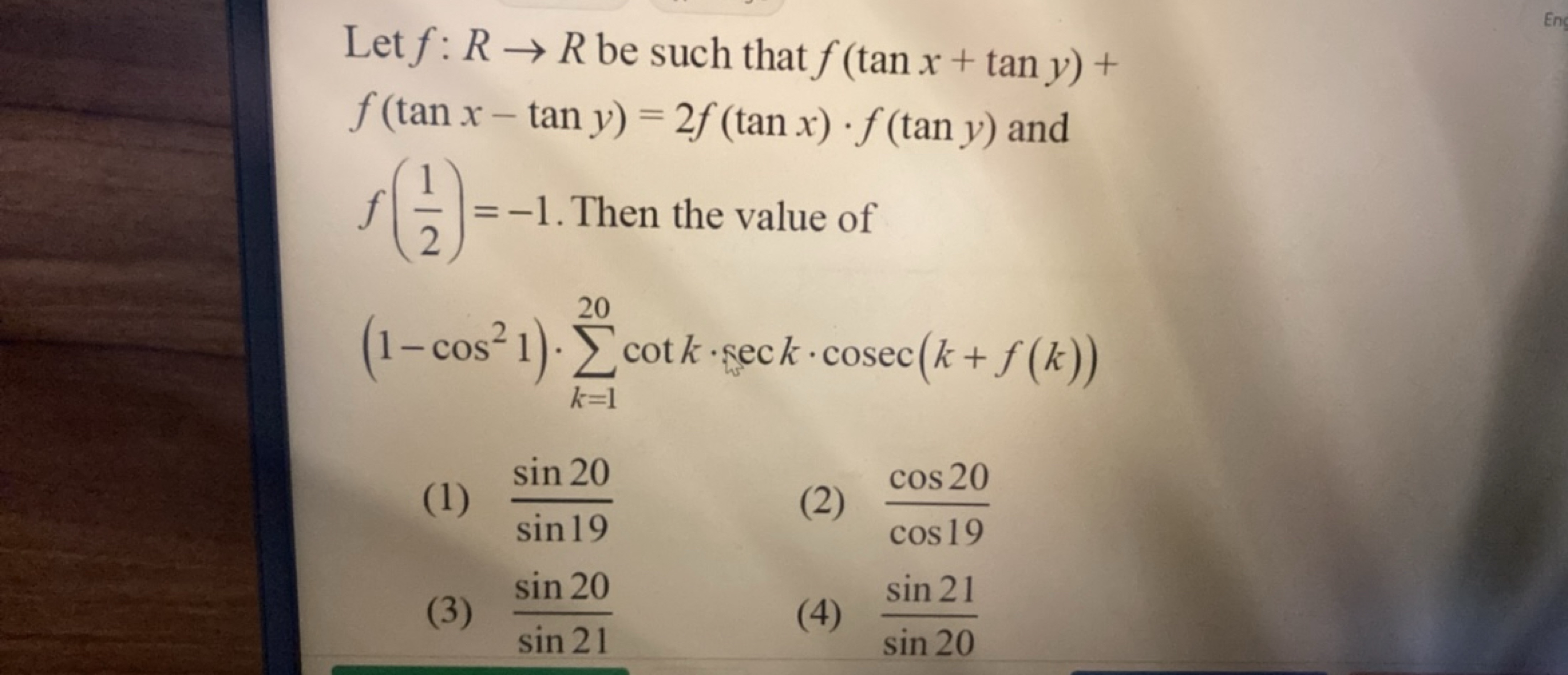 Let f:R→R be such that f(tanx+tany)+ f(tanx−tany)=2f(tanx)⋅f(tany) and