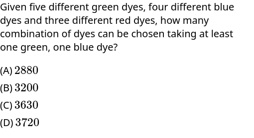 Given five different green dyes, four different blue dyes and three di