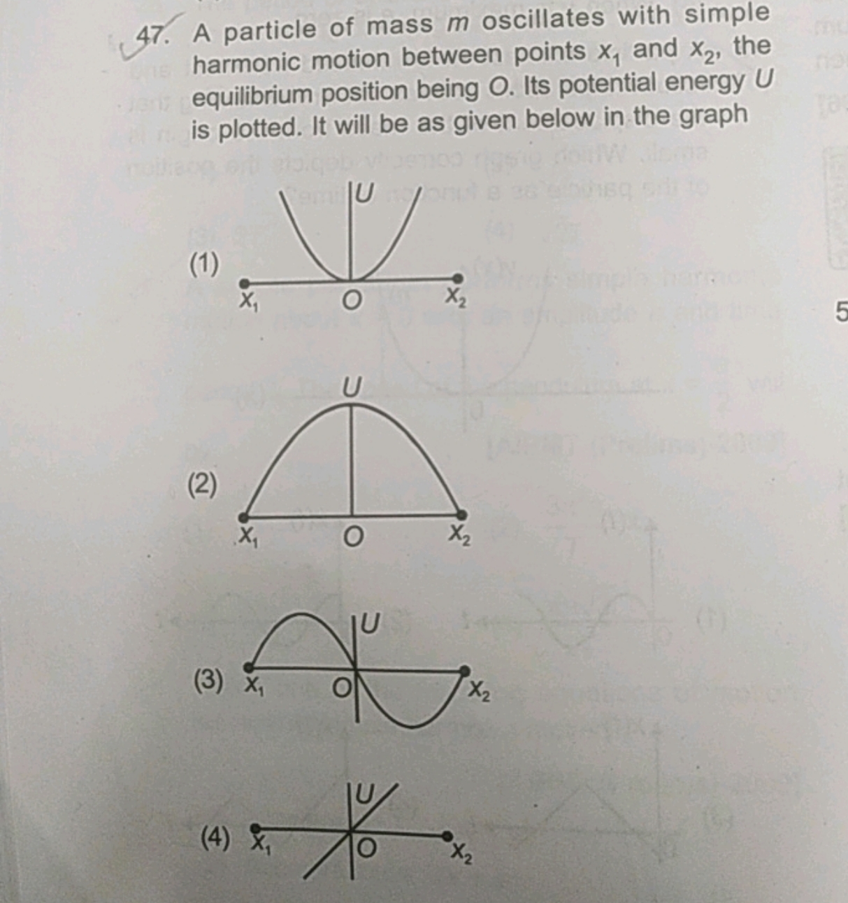 47. A particle of mass m oscillates with simple harmonic motion betwee