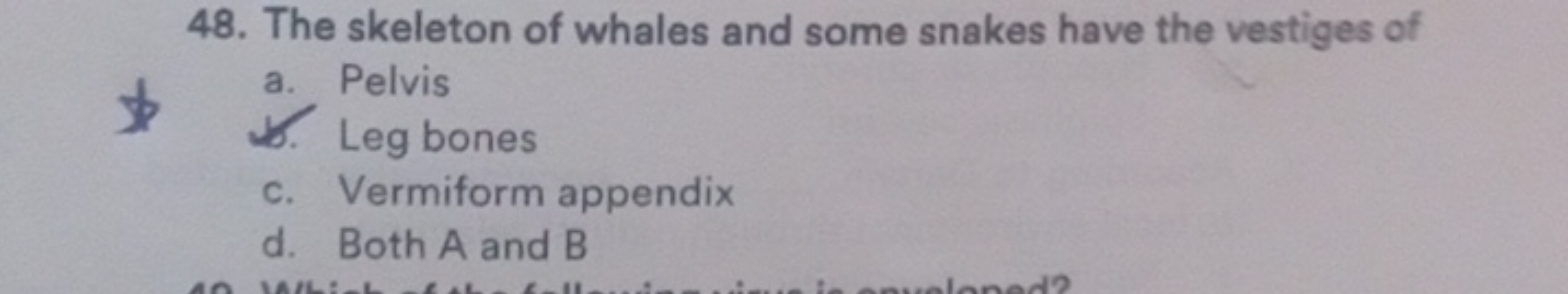 48. The skeleton of whales and some snakes have the vestiges of
a. Pel