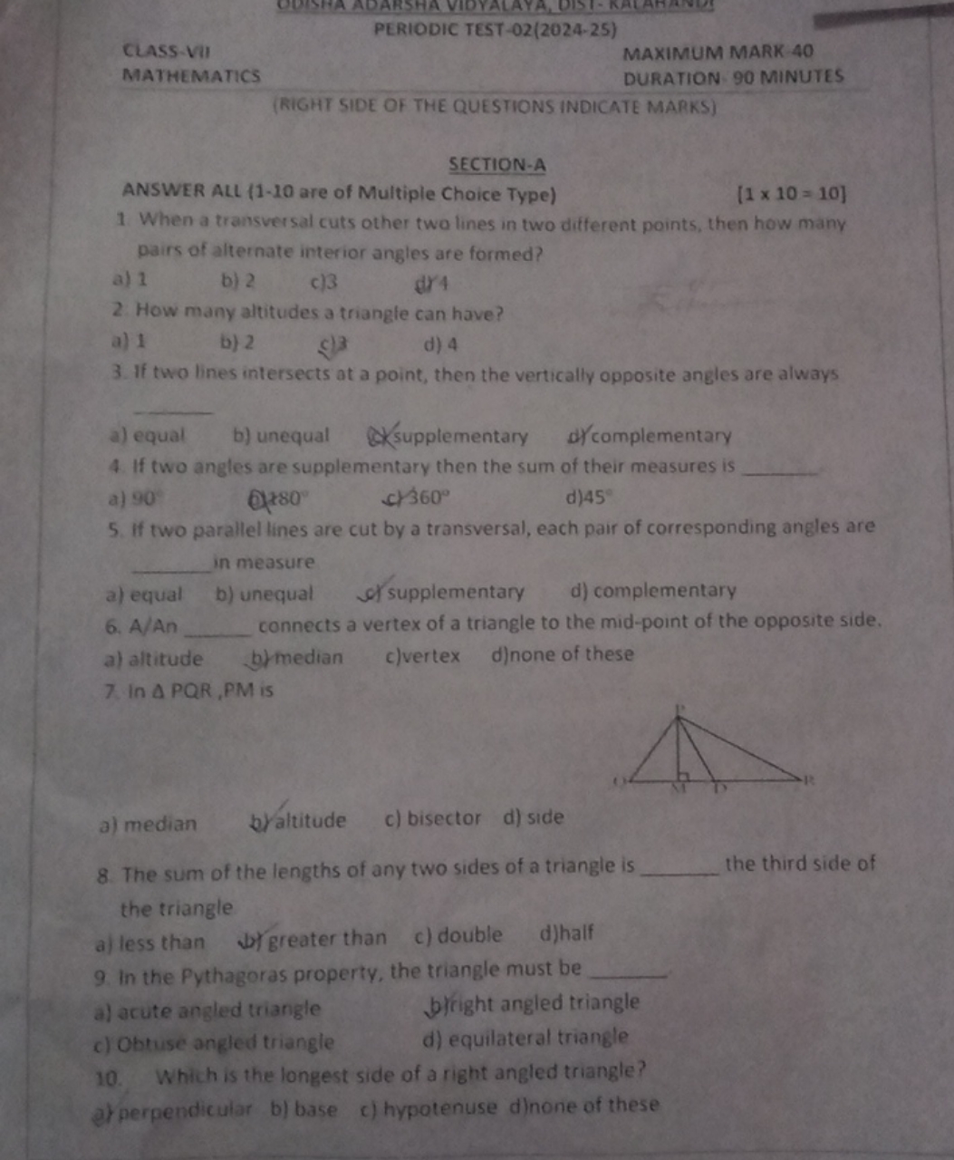 PERIODIC TEST-02(2024-25)
CLASS-VII
MAXIMUM MARK 40
MATHEMATICS
DURATI