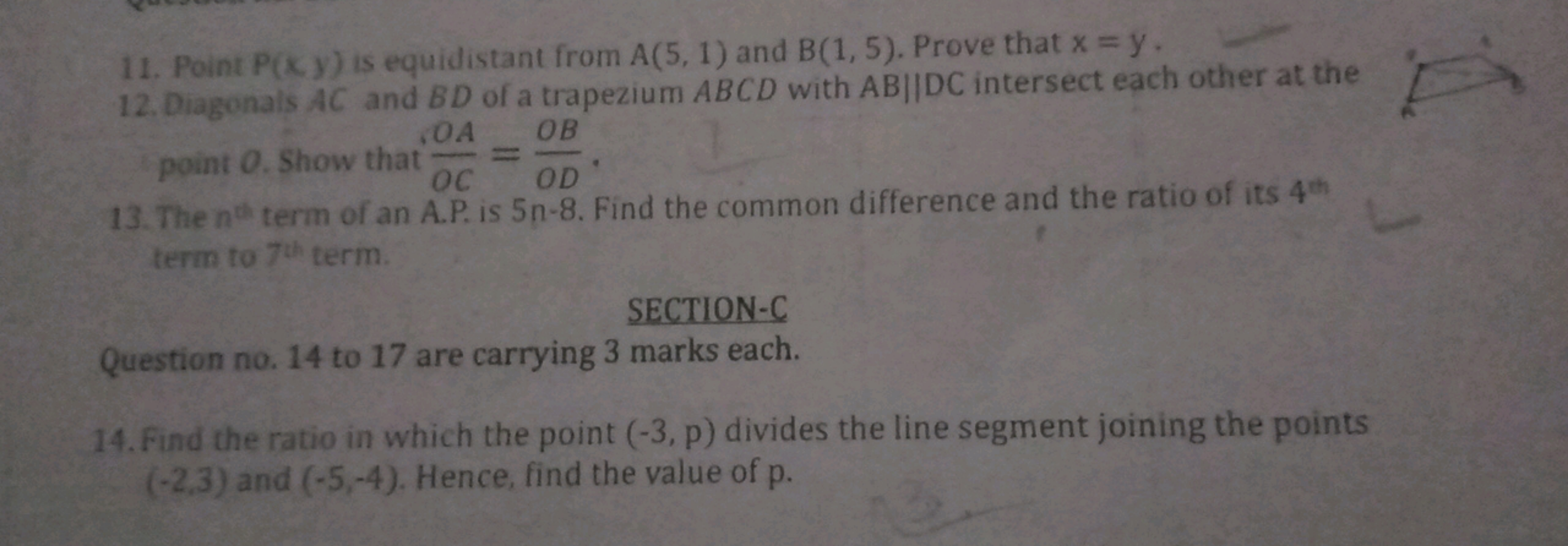 11. Point P(x,y) is equidistant from A(5,1) and B(1,5). Prove that x=y