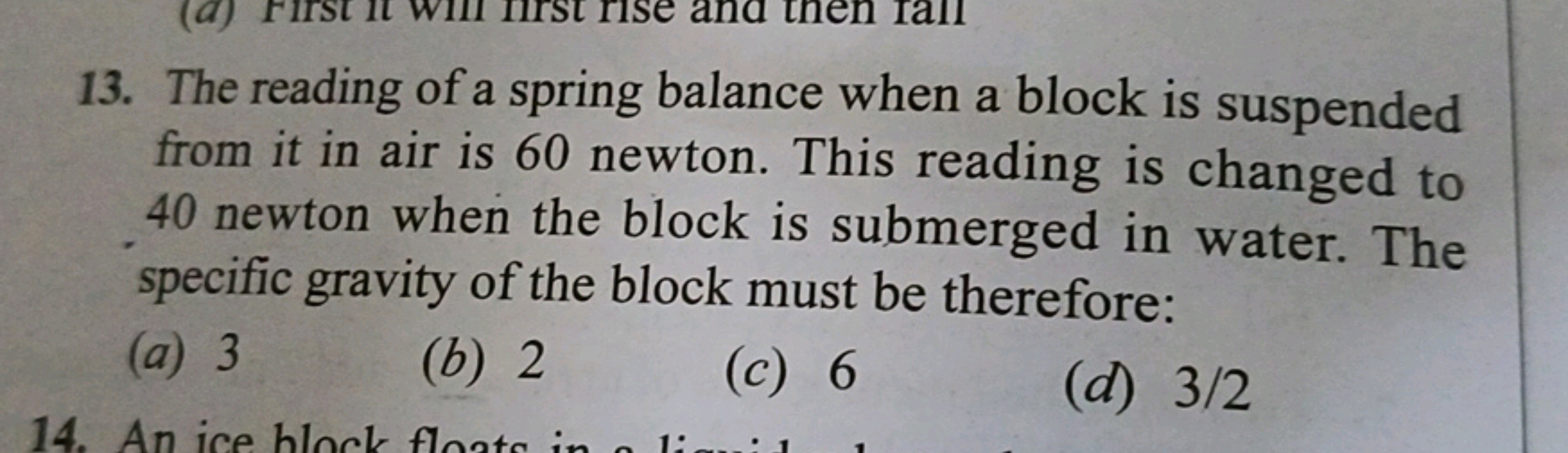 13. The reading of a spring balance when a block is suspended from it 