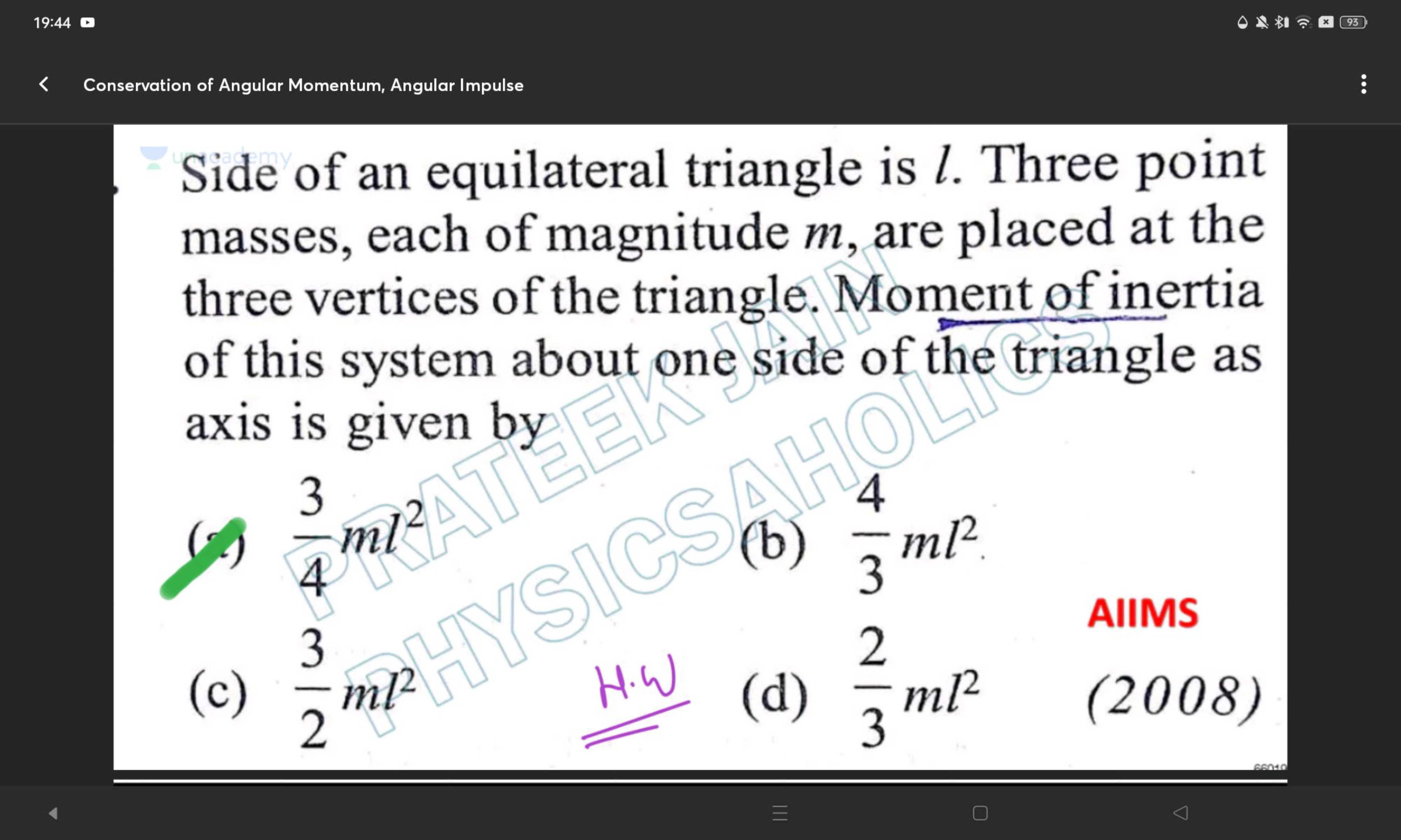 Δ∗ ௨ ×

Side of an equilateral triangle is l. Three point masses, each