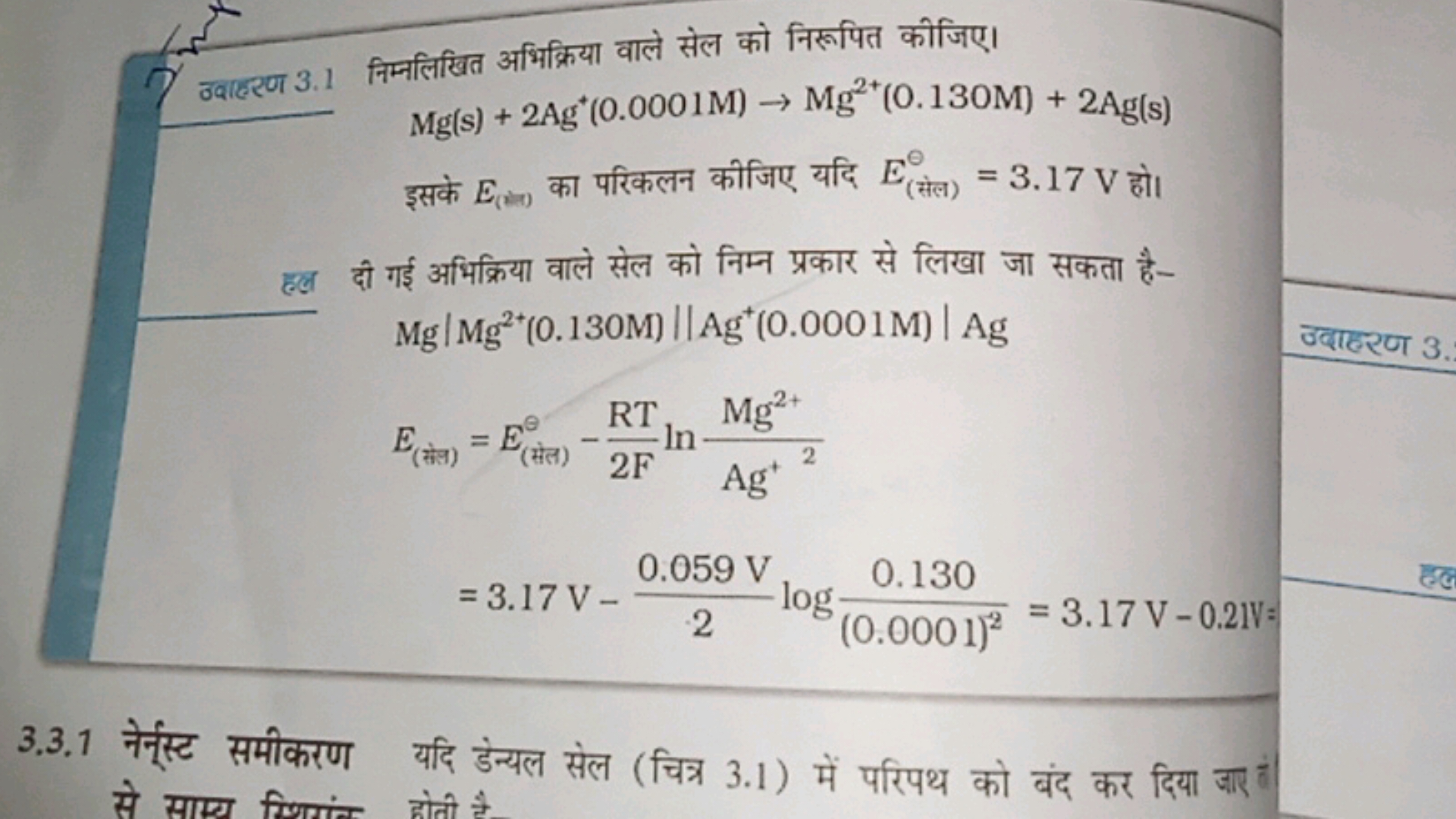 उवाहरण 3.1 निम्नलिखित अभिक्रिया वाले सेल को निरूपित कीजिए।
Mg(s)+2Ag+(