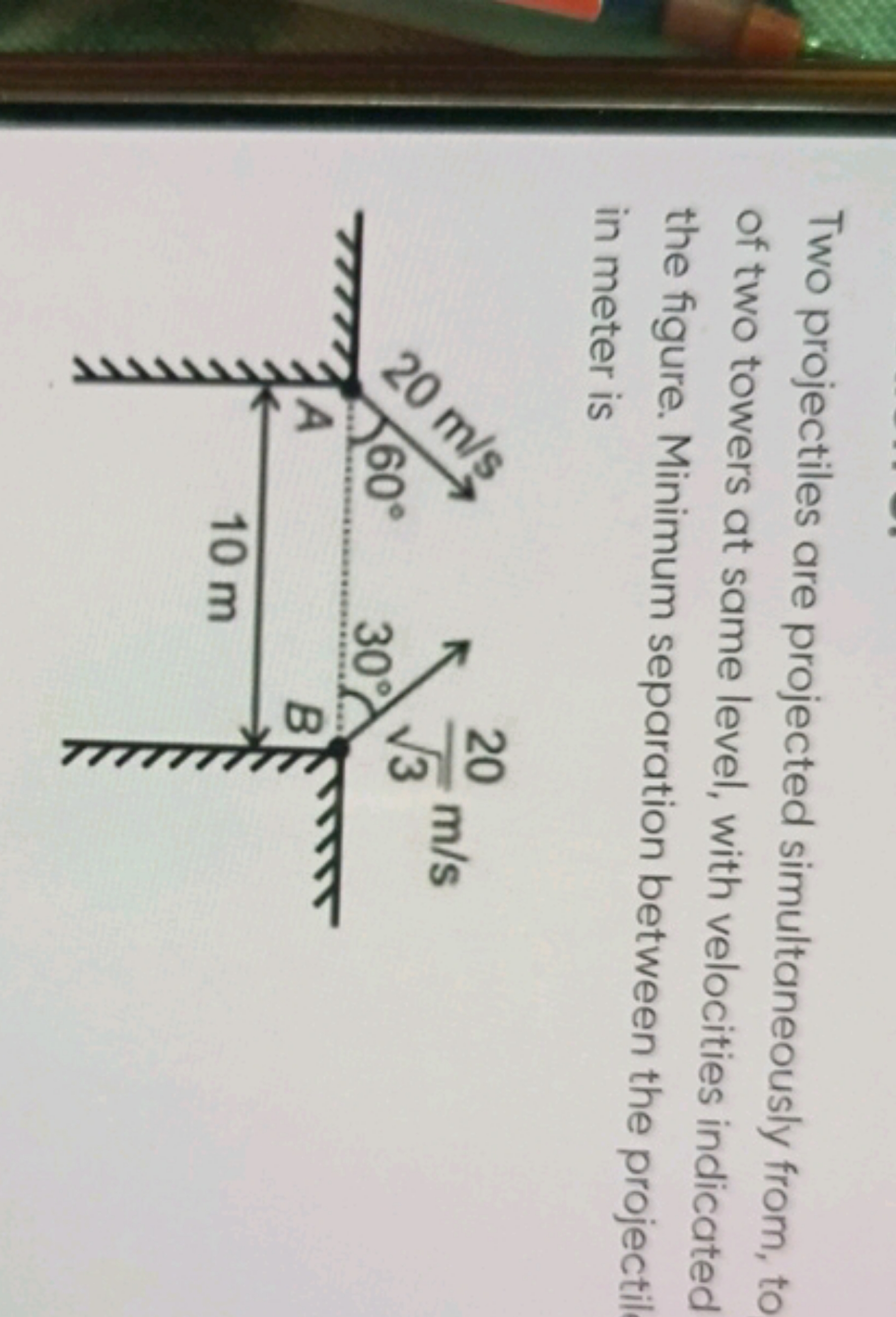 Two projectiles are projected simultaneously from, to of two towers at