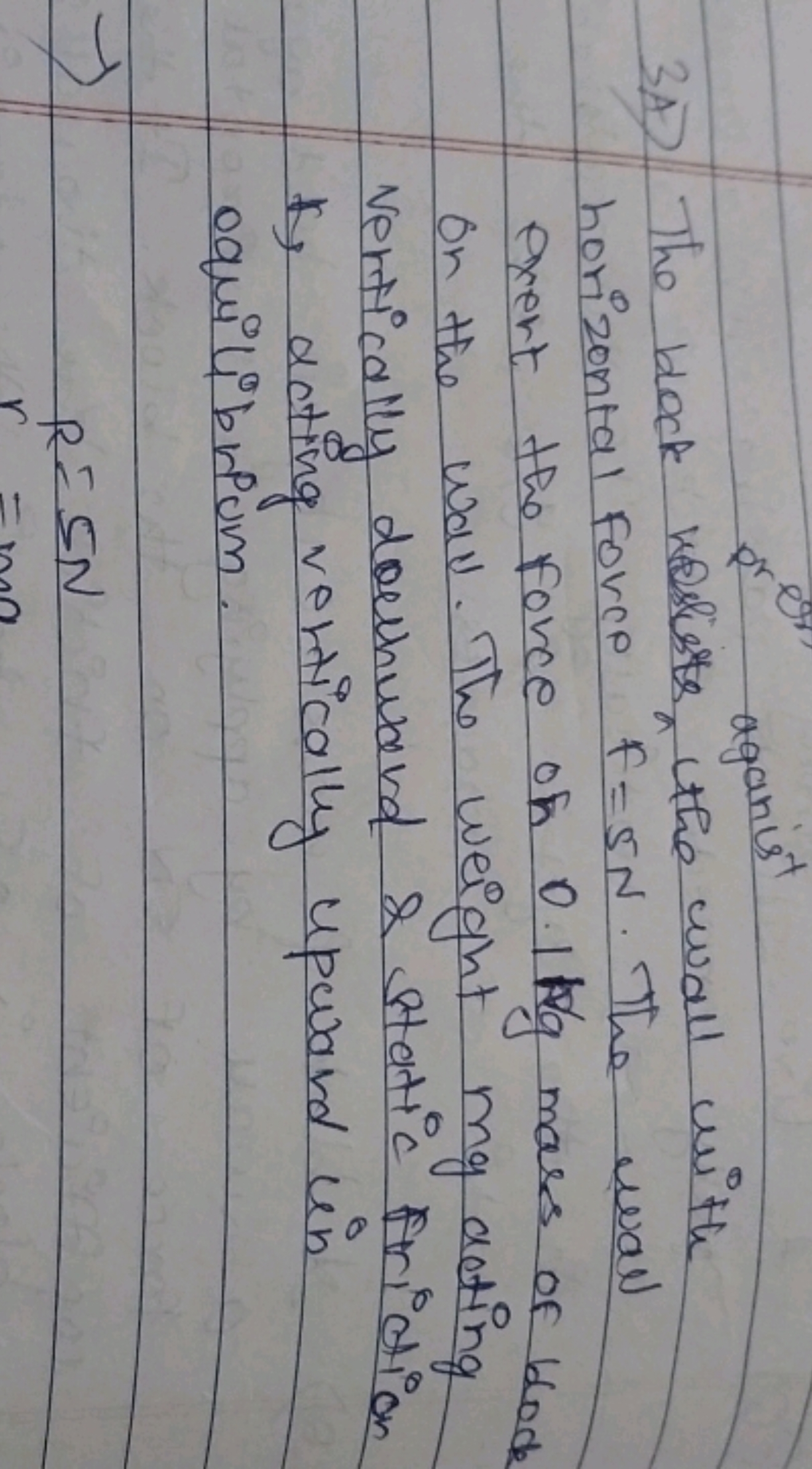 horizontal force F=5 N. The wall exert the force of 0.1 kg mass of blo