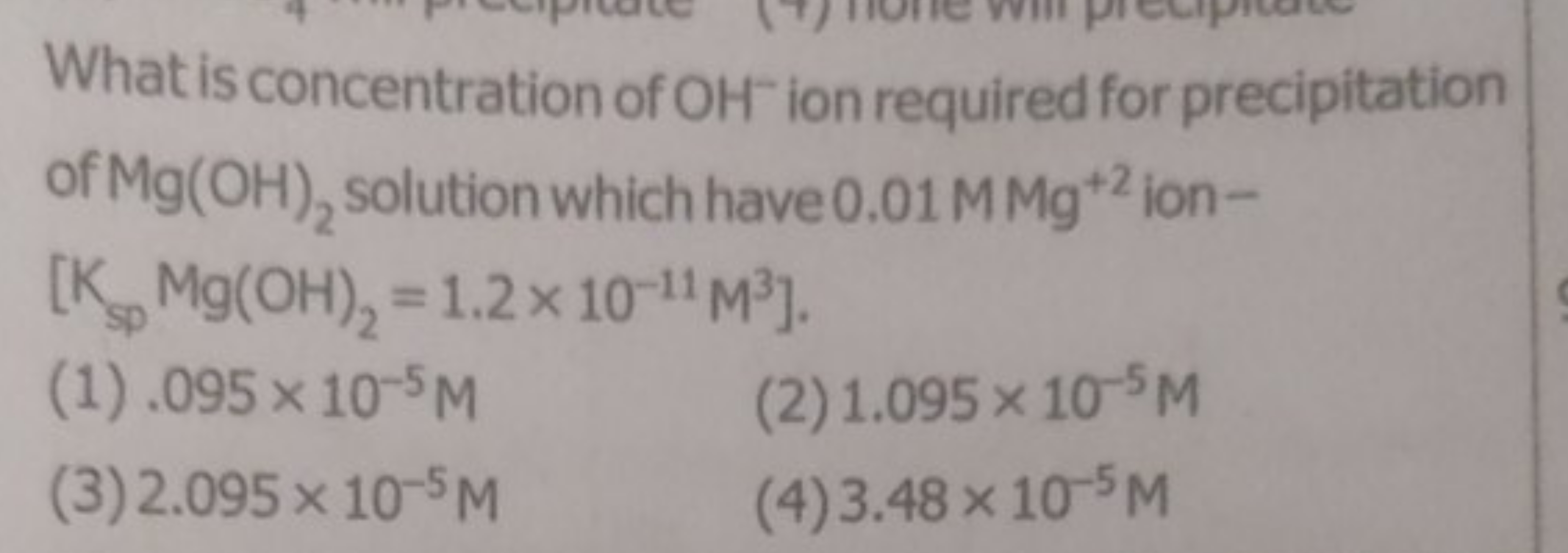 What is concentration of OH−ion required for precipitation of Mg(OH)2​