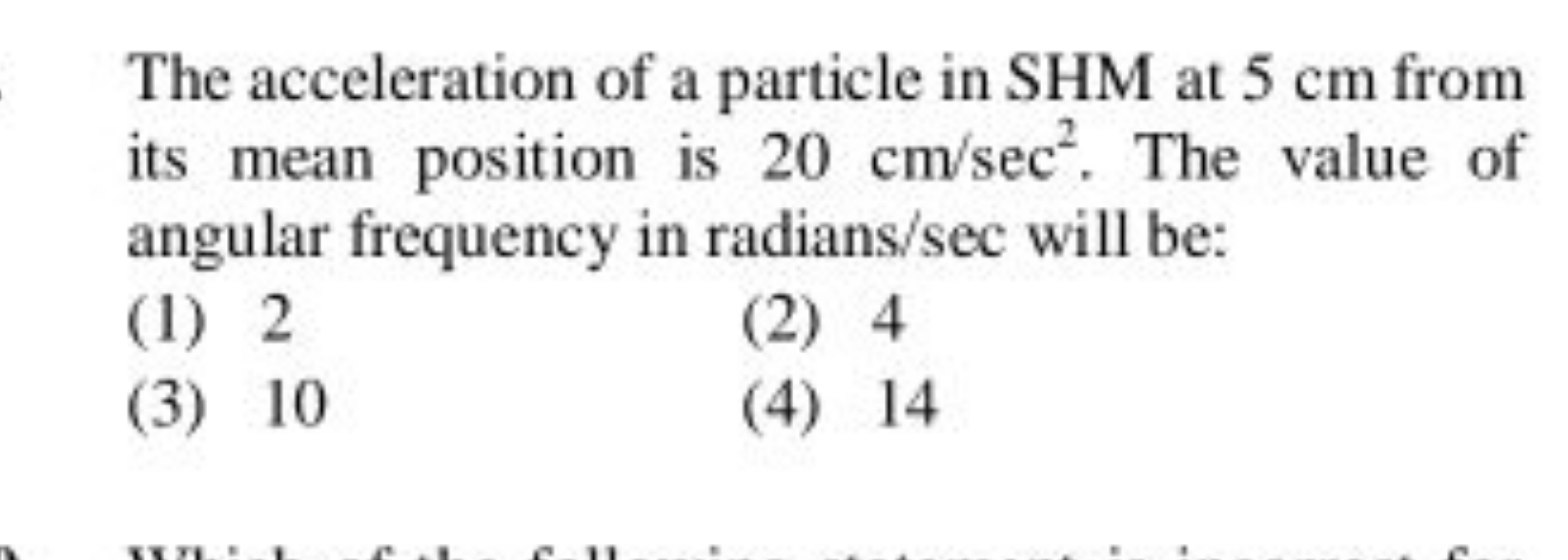 The acceleration of a particle in SHM at 5 cm from its mean position i