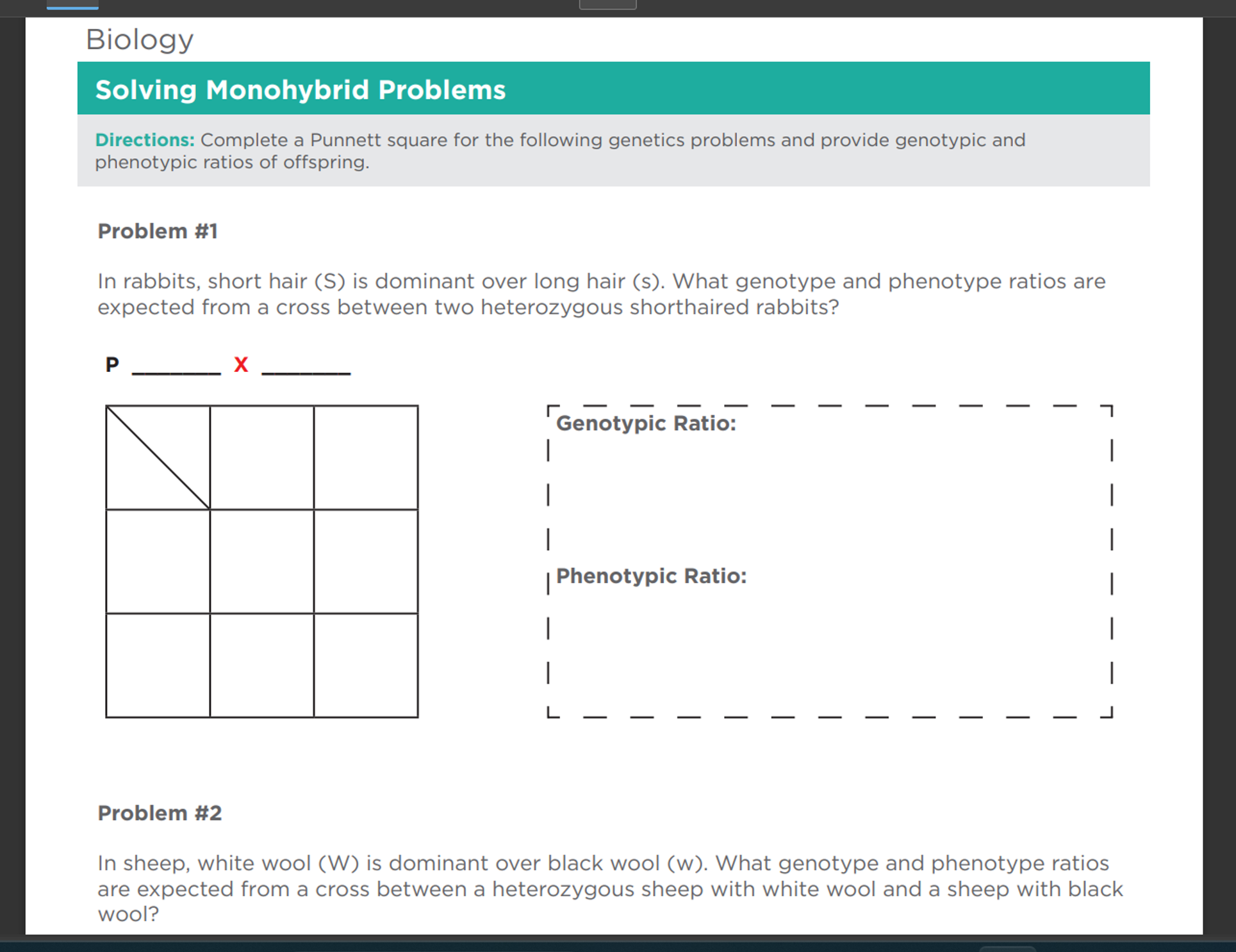 Biology
Solving Monohybrid Problems
Directions: Complete a Punnett squ