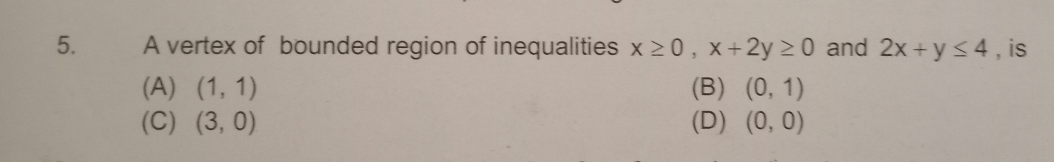 A vertex of bounded region of inequalities x≥0,x+2y≥0 and 2x+y≤4, is