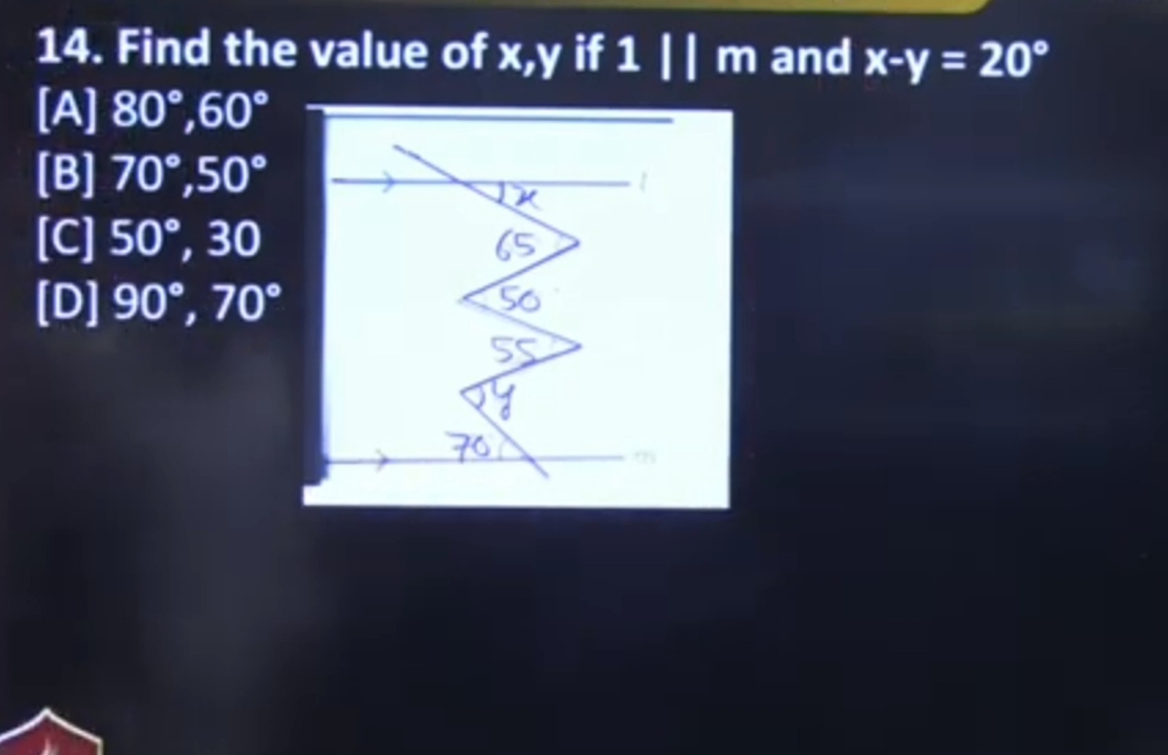 14. Find the value of x,y if 1/∣m and x−y=20∘