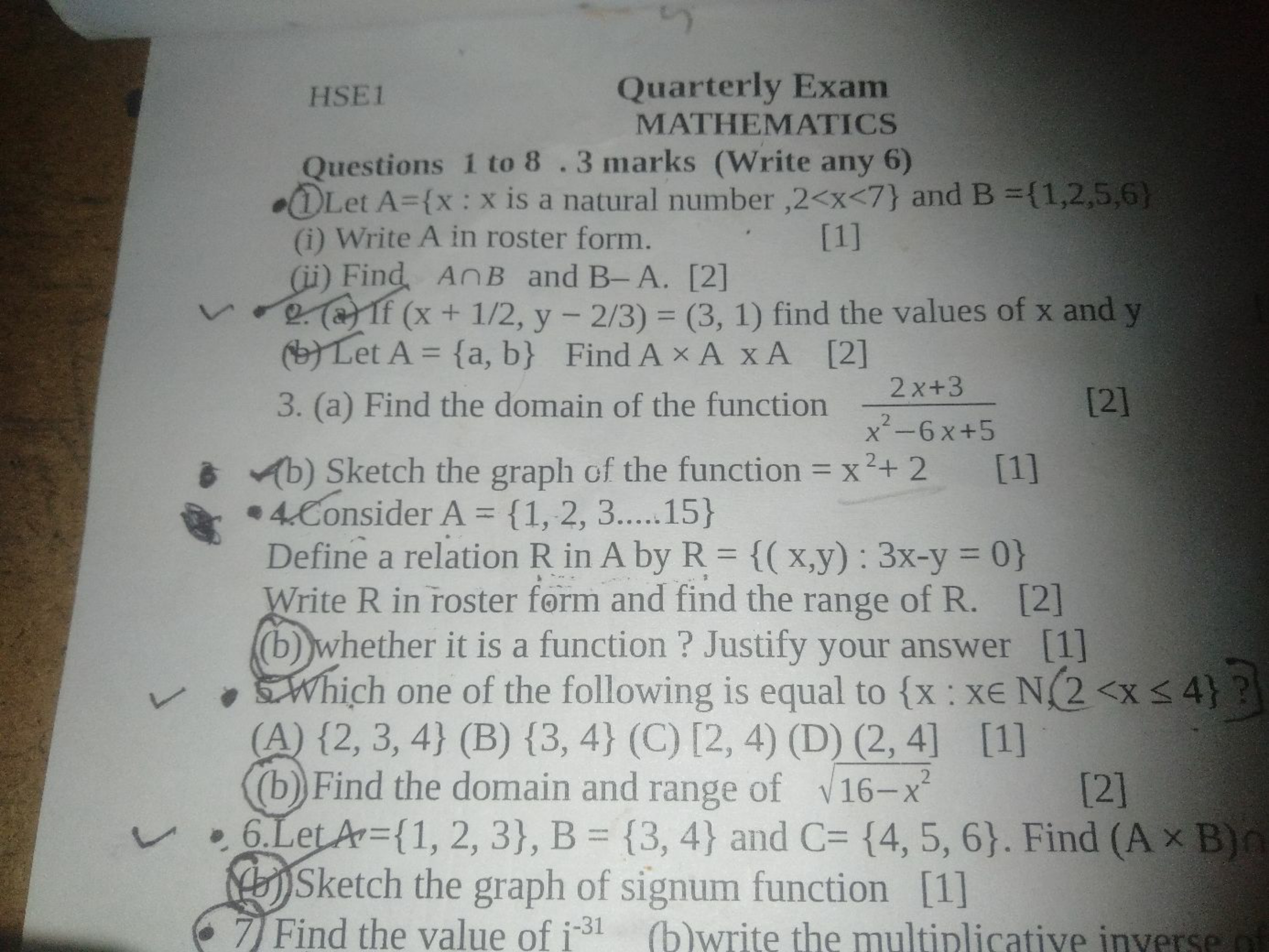 HSE1
Quarterly Exam
MATHEMATICS
Questions 1 to 8.3 marks (Write any 6)