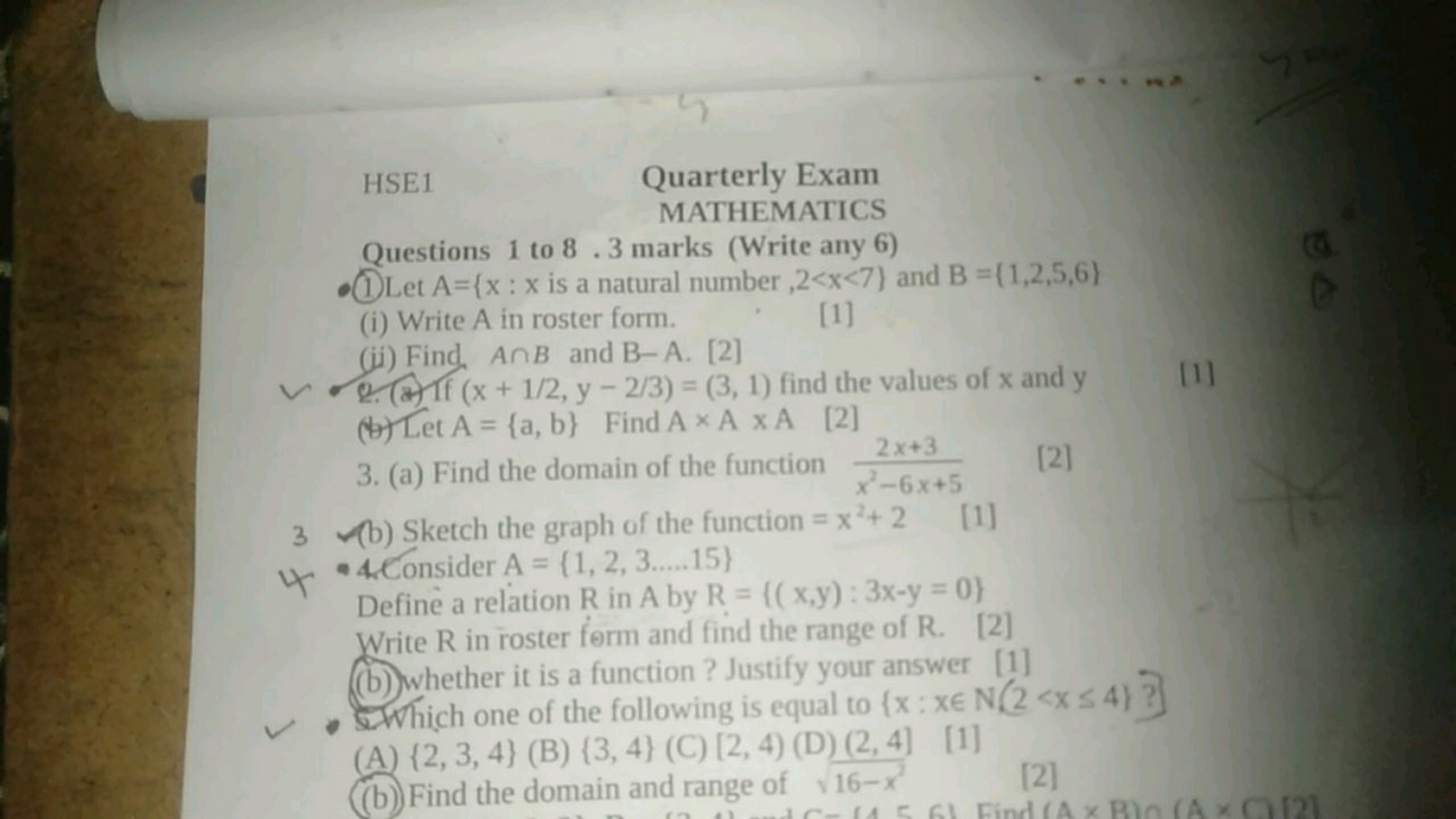 HSE1
Quarterly Exam
MATHEMATICS
Questions 1 to 8 . 3 marks (Write any 