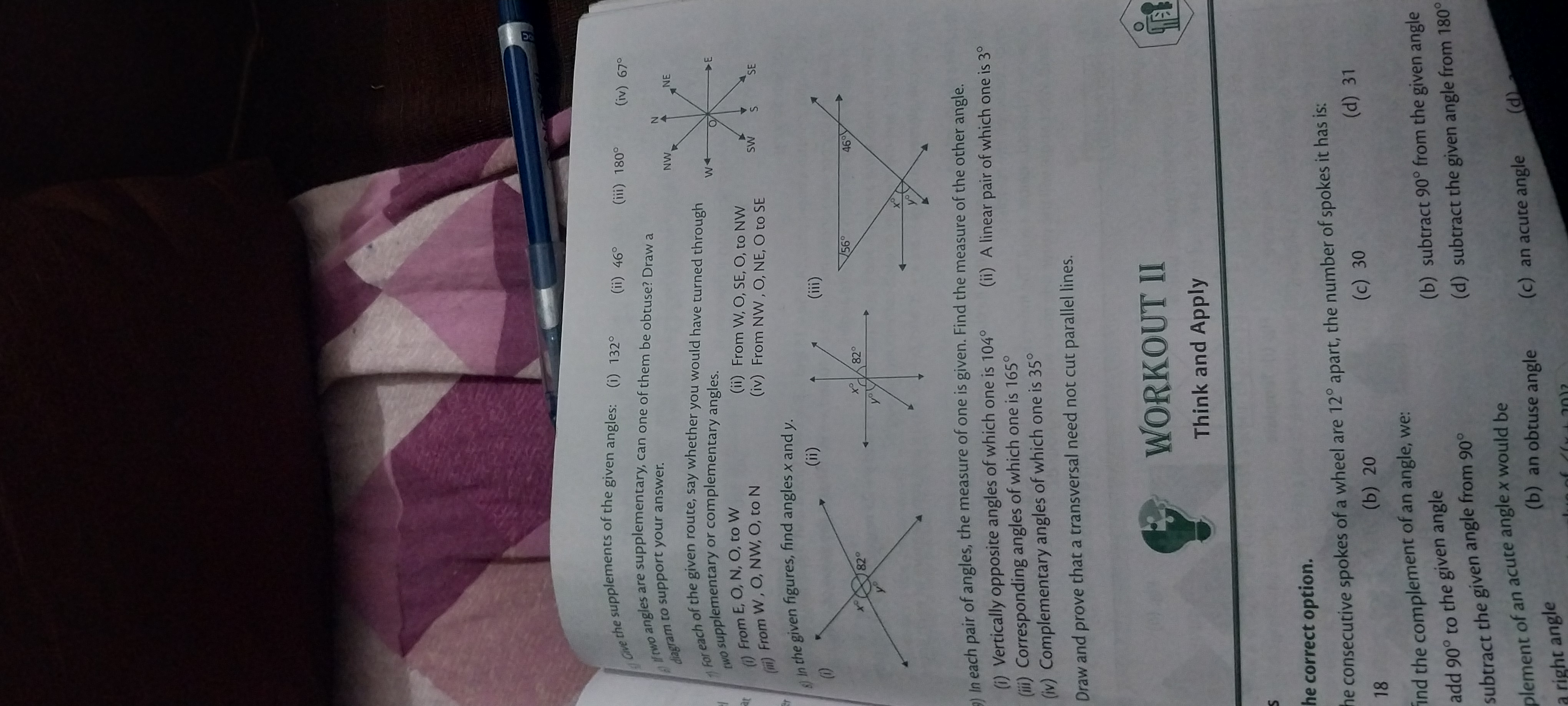 Give the supplements of the given angles:
(i) 132∘
(ii) 46∘
(iii) 180∘