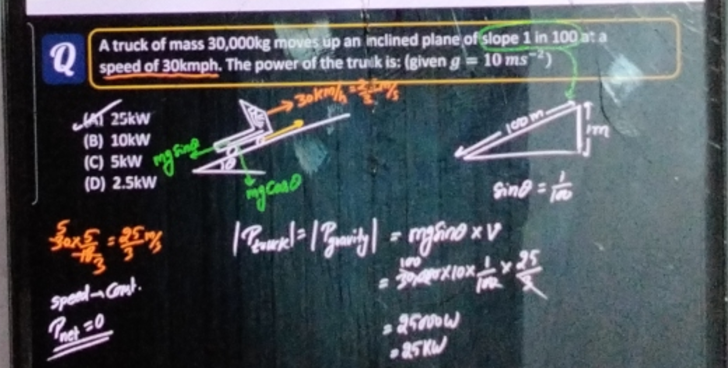 A truck of mass 30,000kg moves up an inclined plane of slope 1 in 100 