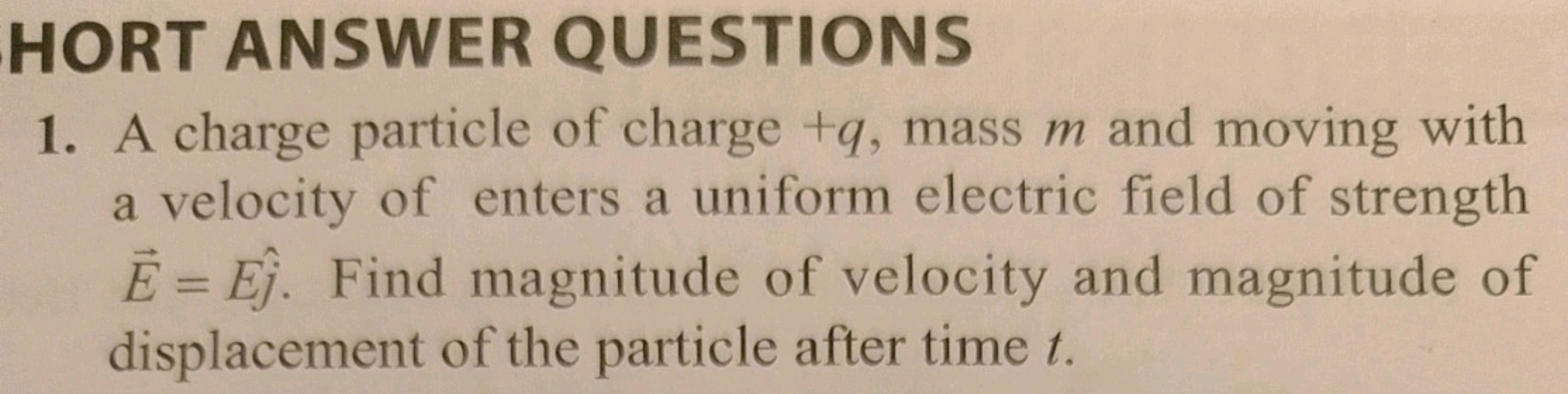 HORT ANSWER QUESTIONS
1. A charge particle of charge +q, mass m and mo