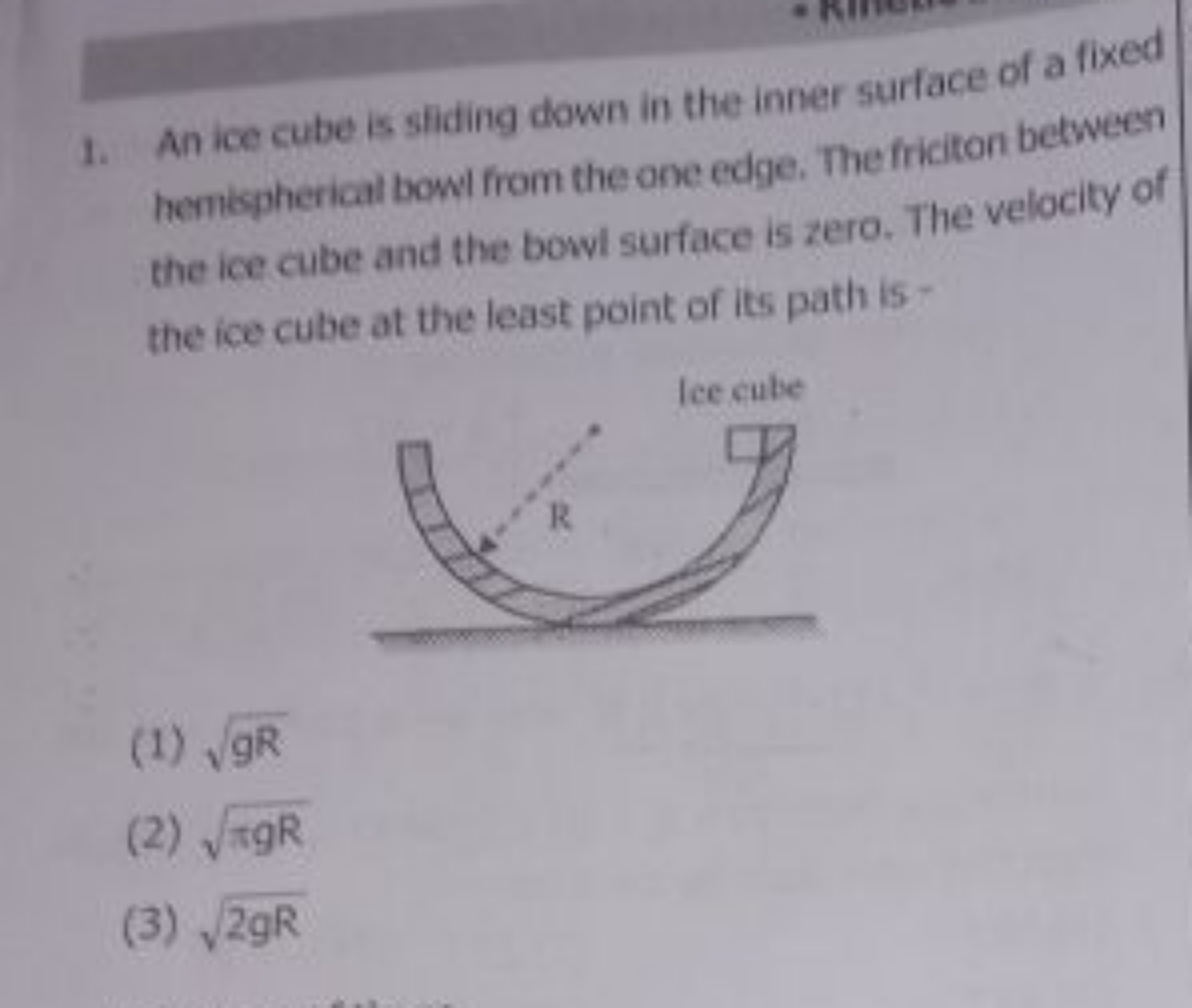 1. An ice cube is sliding down in the inner surface of a fixed hemisph