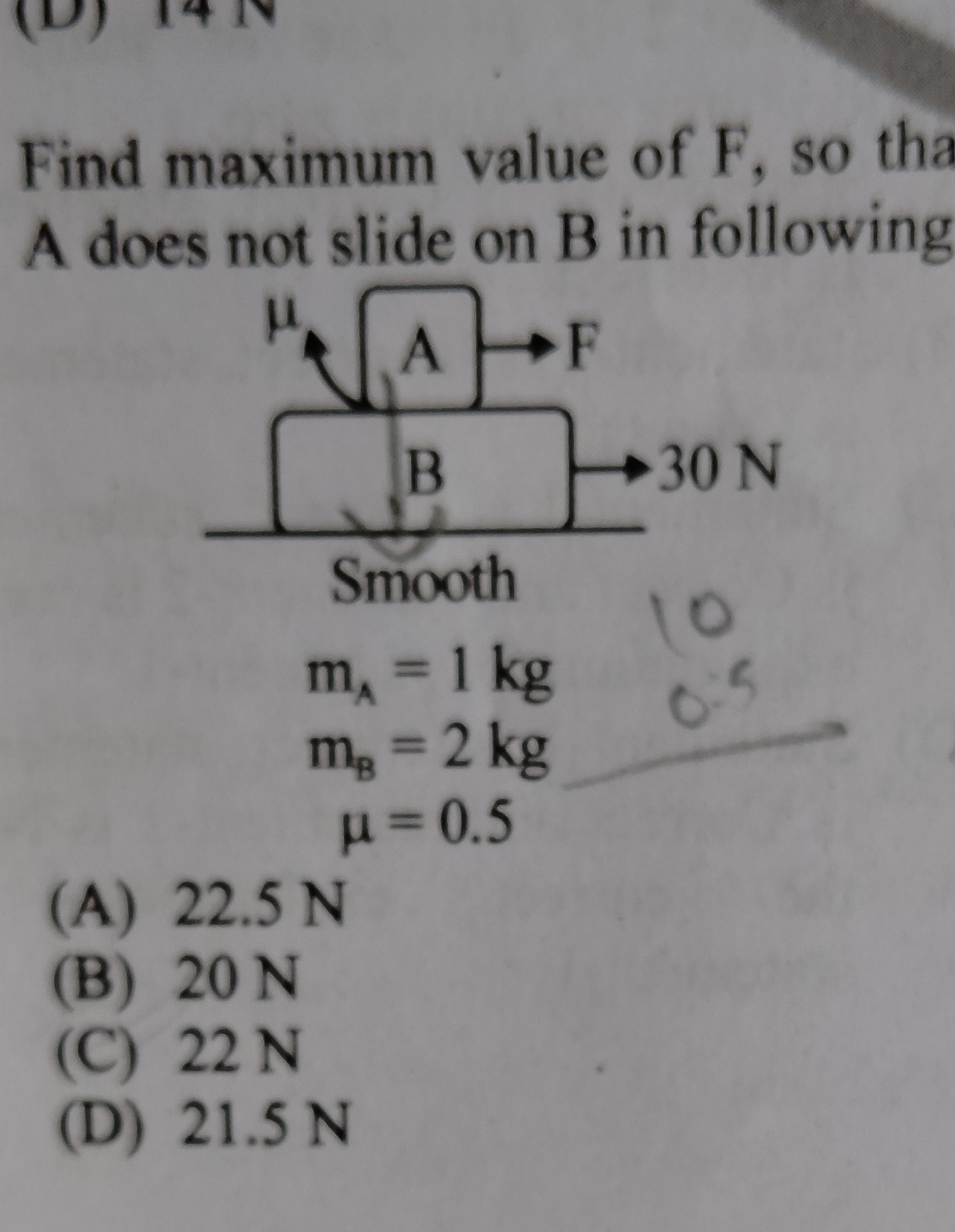 Find maximum value of F , so tha A does not slide on B in following
mA