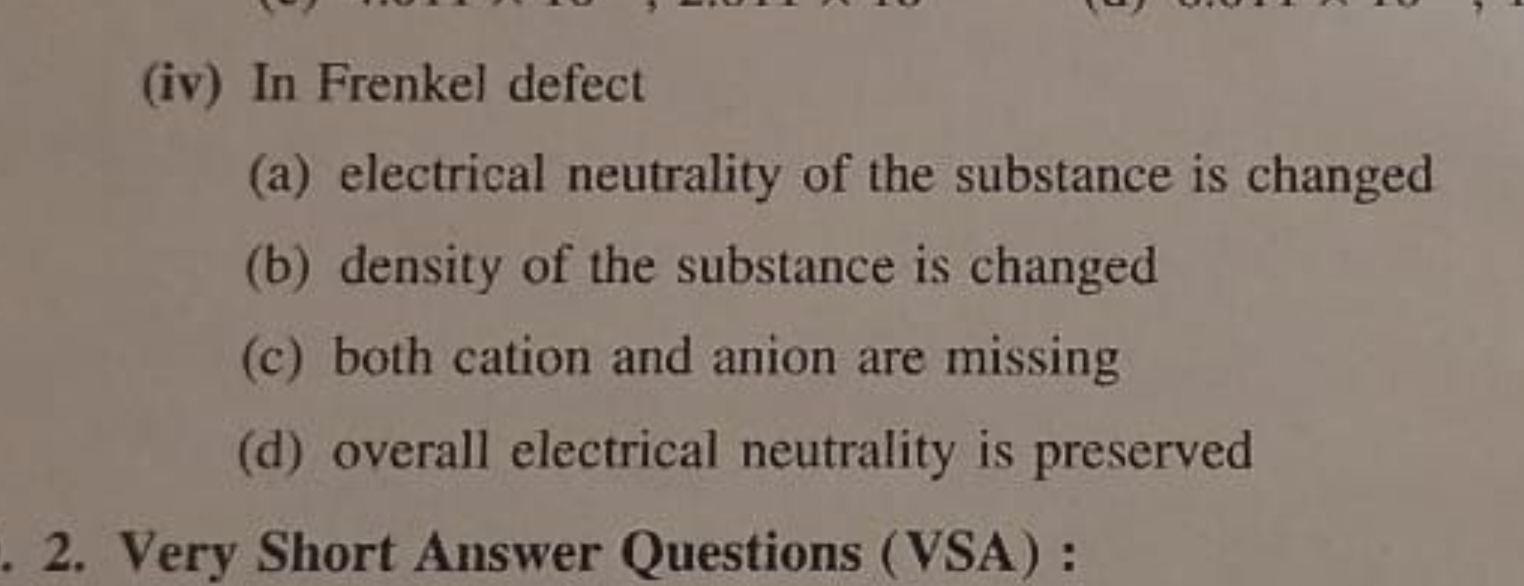 (iv) In Frenkel defect
(a) electrical neutrality of the substance is c