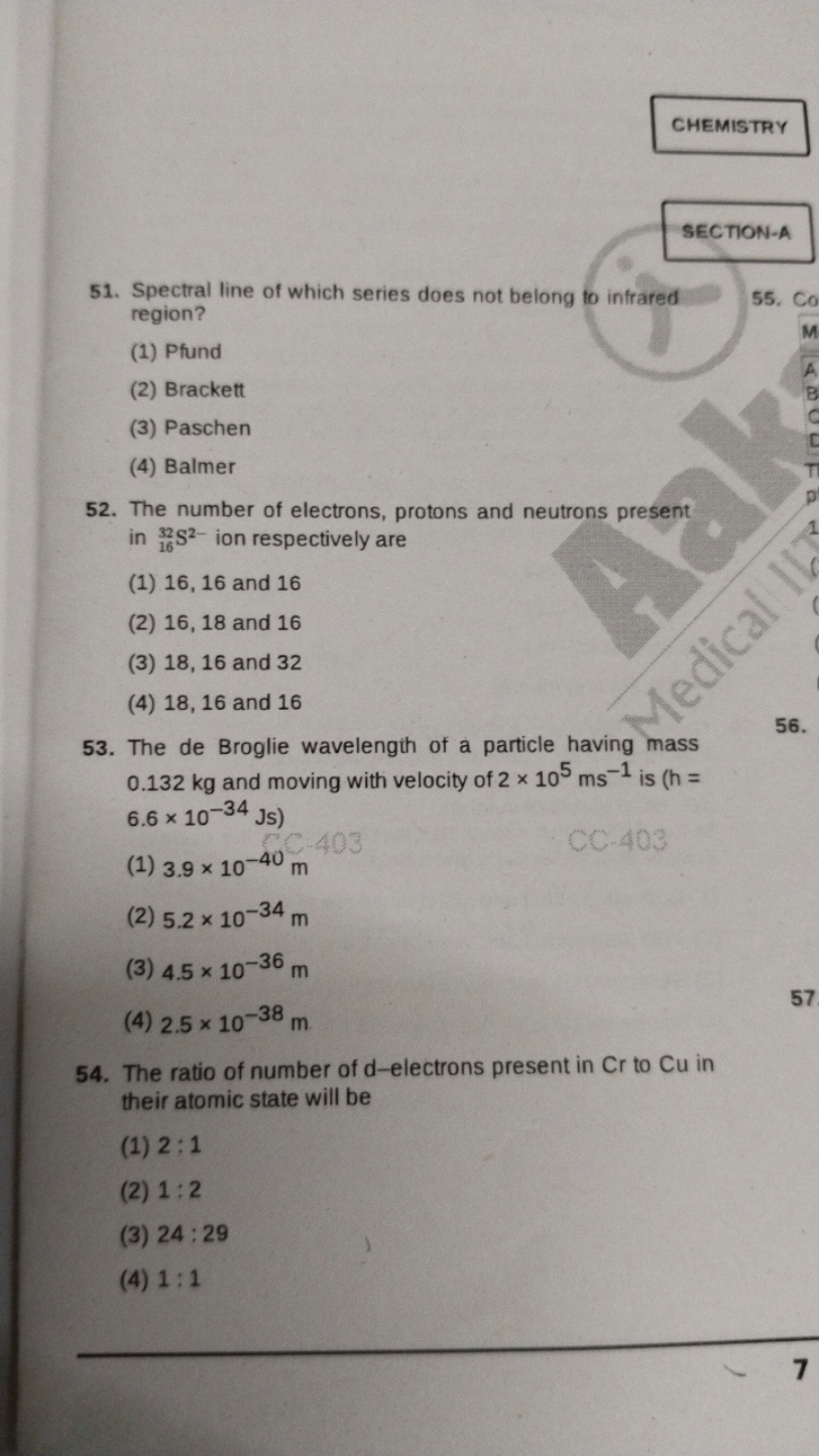 CHEMISTRY
SECTION-A
51. Spectral line of which series does not belong 