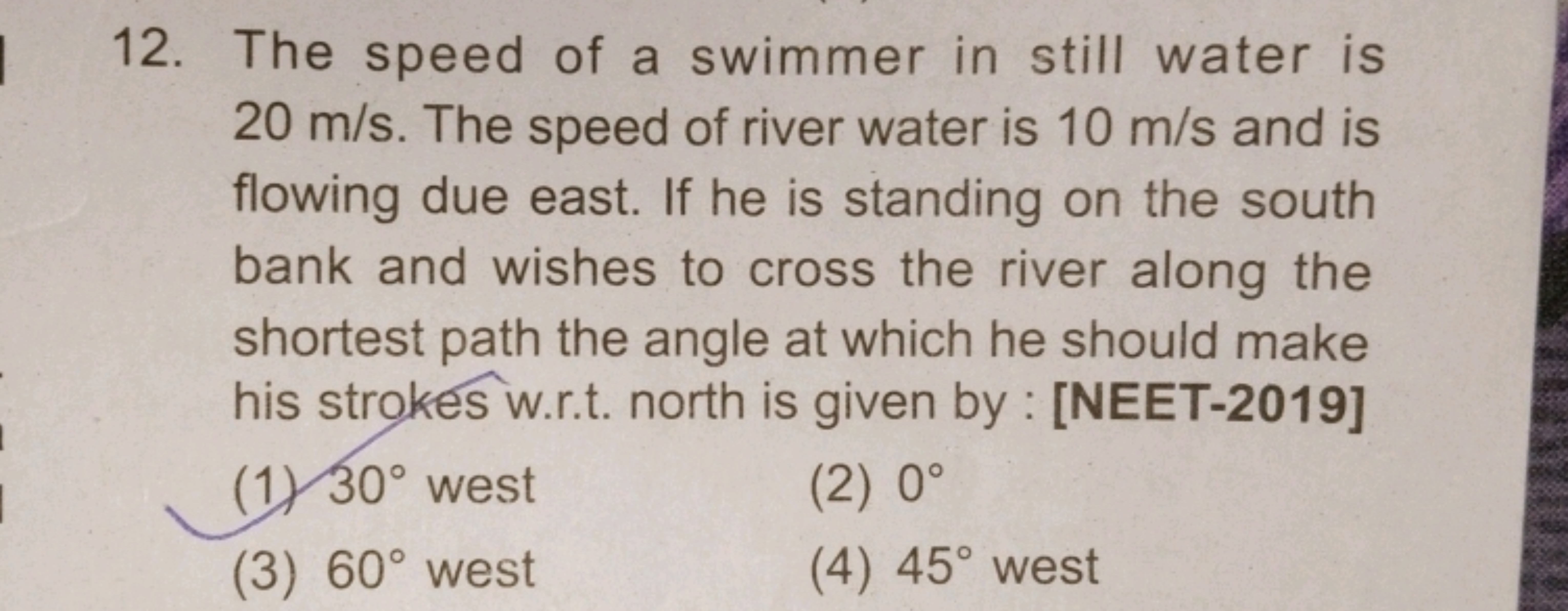 12. The speed of a swimmer in still water is 20 m/s. The speed of rive