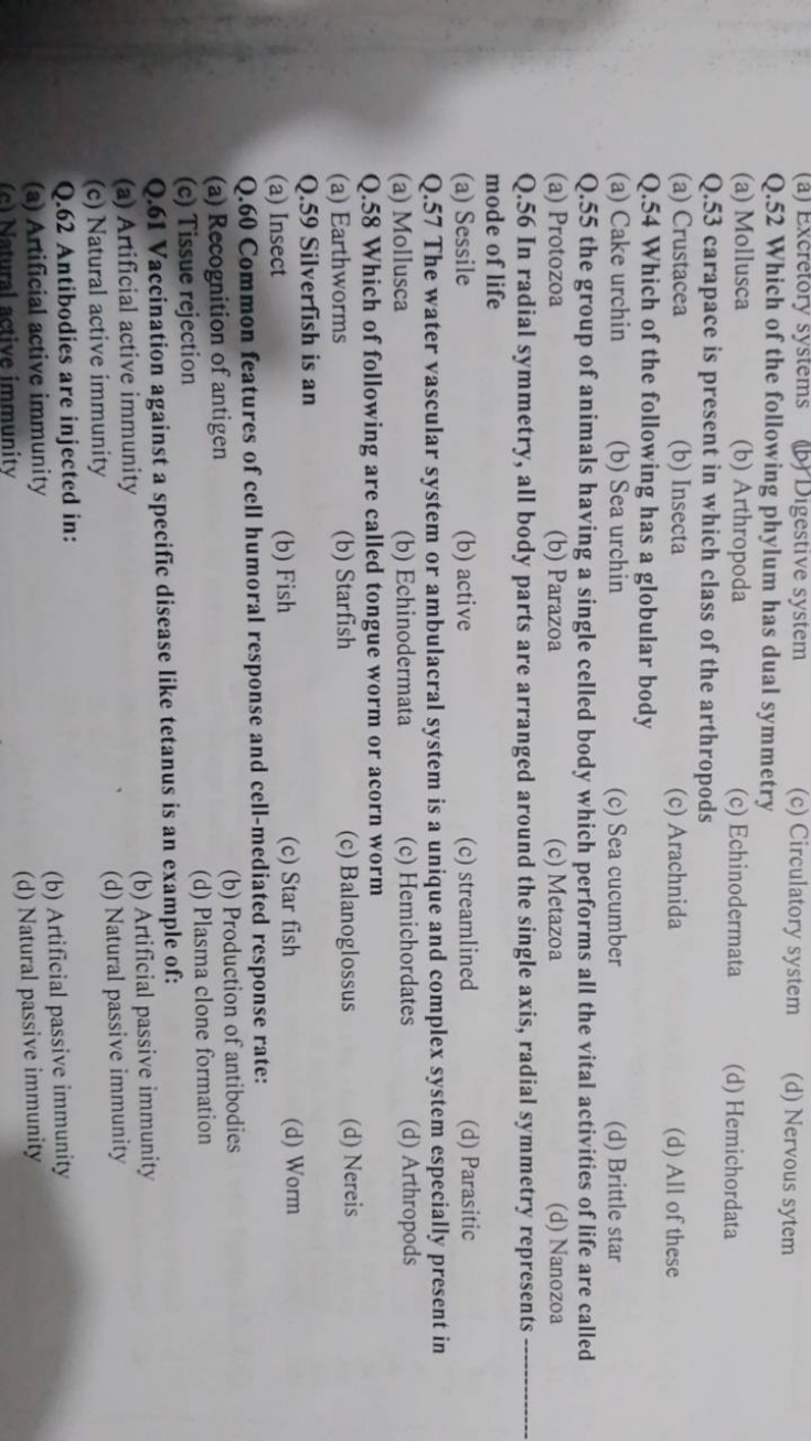 (a) Excretory systems
(b) Digestive system
(c) Circulatory system
(d) 